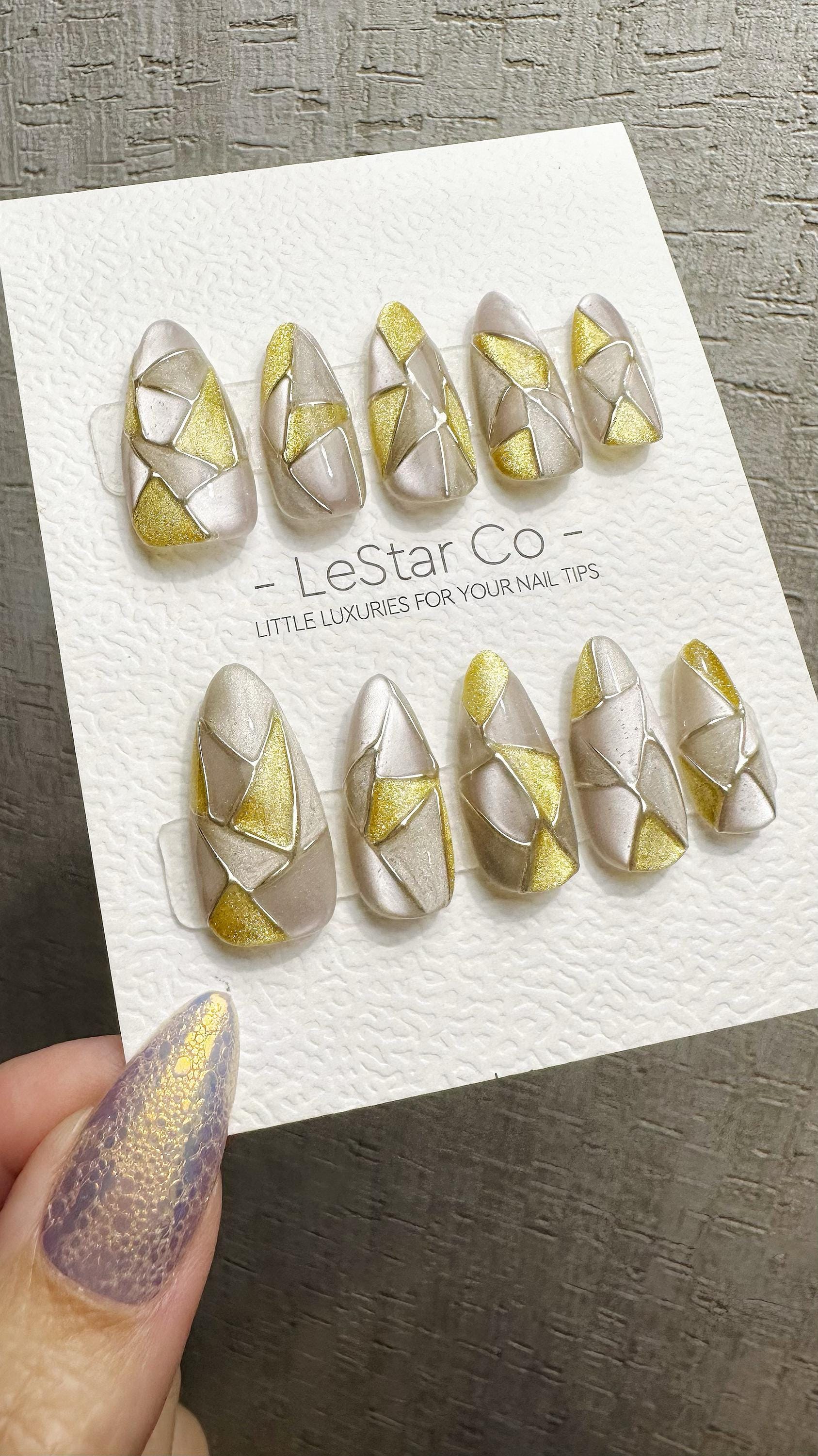 Reusable Golden Shards | Premium Handmade Press on Nails Gel | Fake Nails | Cute Fun Colorful Gel Nail Artist faux nails WM976