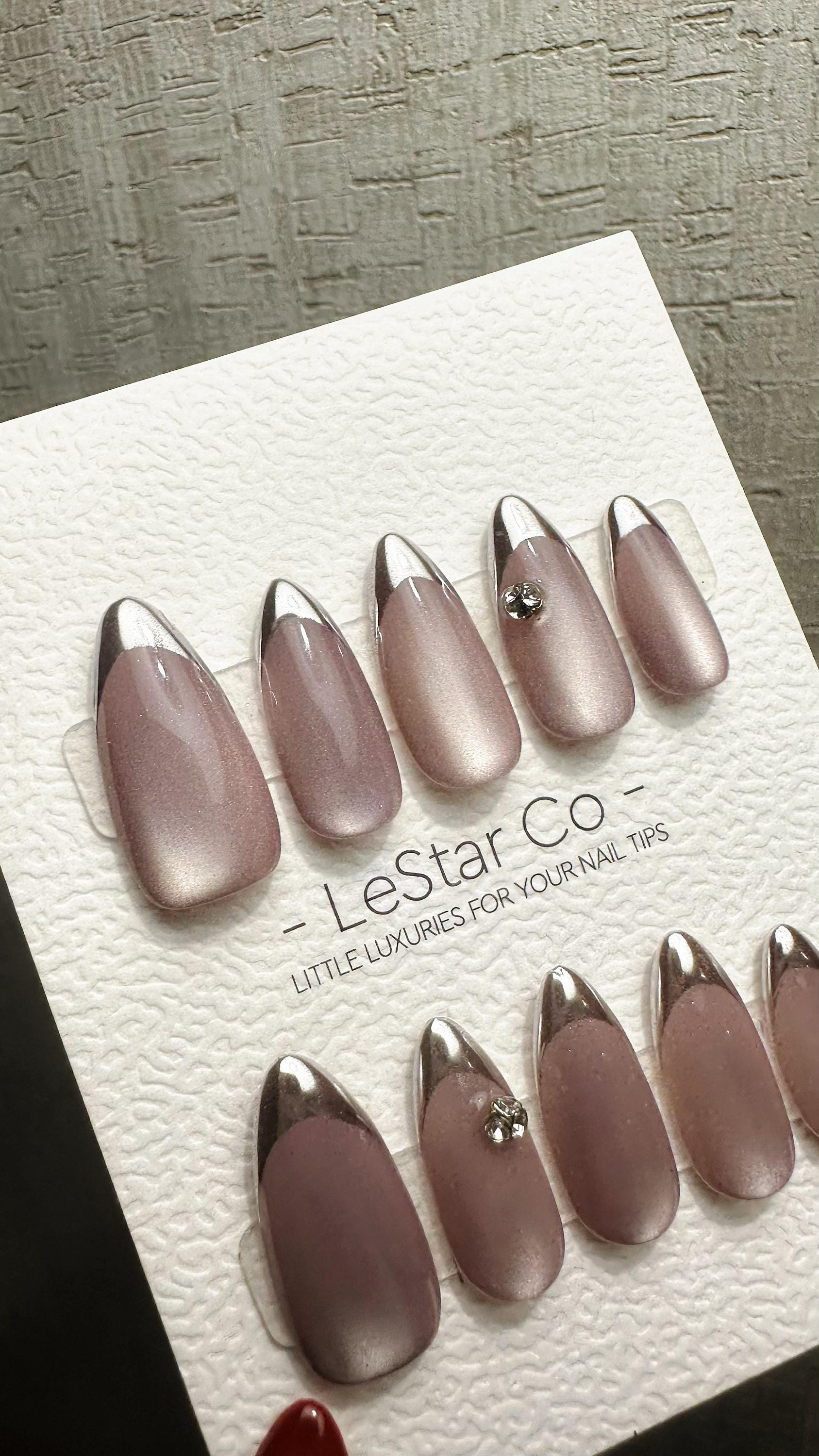 Reusable Metallic Moon Glow French Tip Cat Eye Effect| Premium Press on Nails Gel | Fake Nails | Cute Fun Colorful Gel Nail faux nails WM980