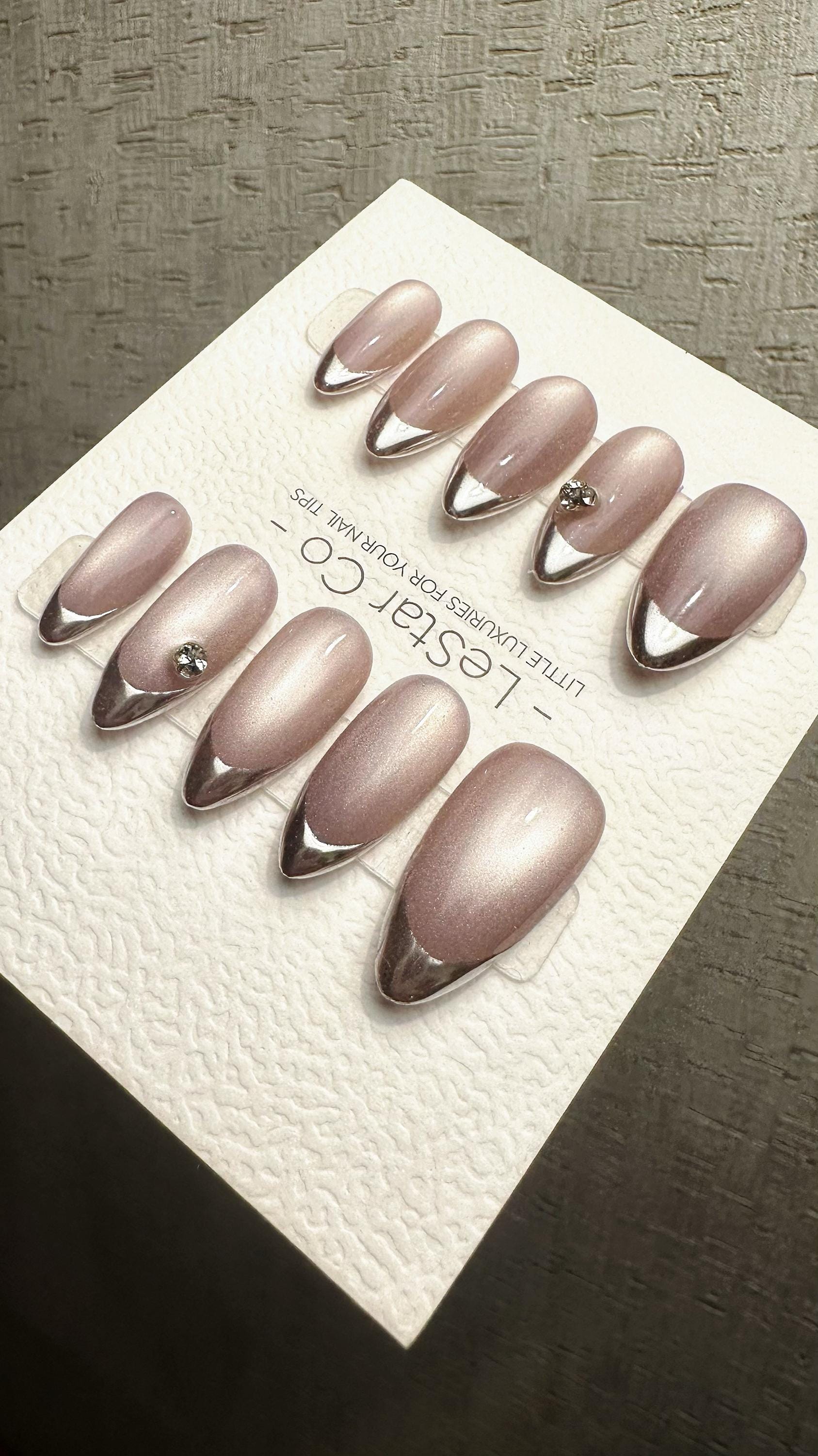 Reusable Metallic Moon Glow French Tip Cat Eye Effect| Premium Press on Nails Gel | Fake Nails | Cute Fun Colorful Gel Nail faux nails WM980