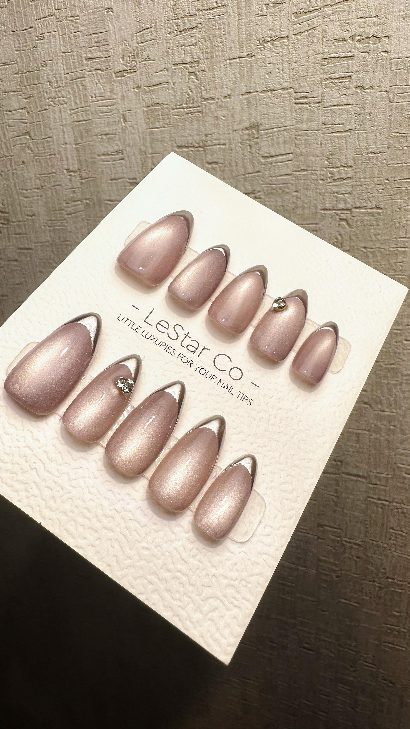 Reusable Metallic Moon Glow French Tip Cat Eye Effect| Premium Press on Nails Gel | Fake Nails | Cute Fun Colorful Gel Nail faux nails WM980