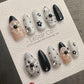 Reusable Black Daisy Glam French Tip| Premium Press on Nails Gel | Fake Nails | Cute Fun Colorful Gel Nail faux nails WM981