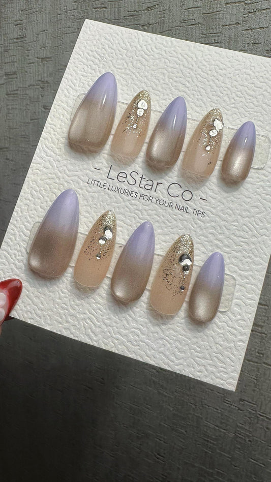 Reusable Nude Lilac Glow Cat Eye Effect| Premium Press on Nails Gel | Fake Nails | Cute Fun Colorful Gel Nail faux nails WM984