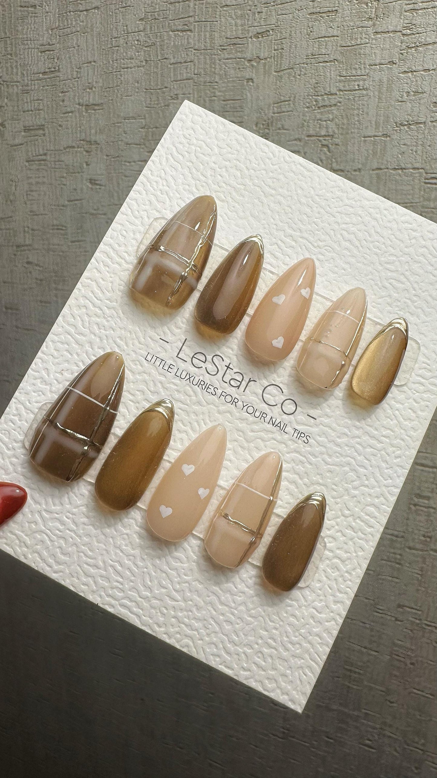 Reusable Toffee Heart Charm Cat Eye Effect| Premium Press on Nails Gel | Fake Nails | Cute Fun Colorful Gel Nail faux nails WM986