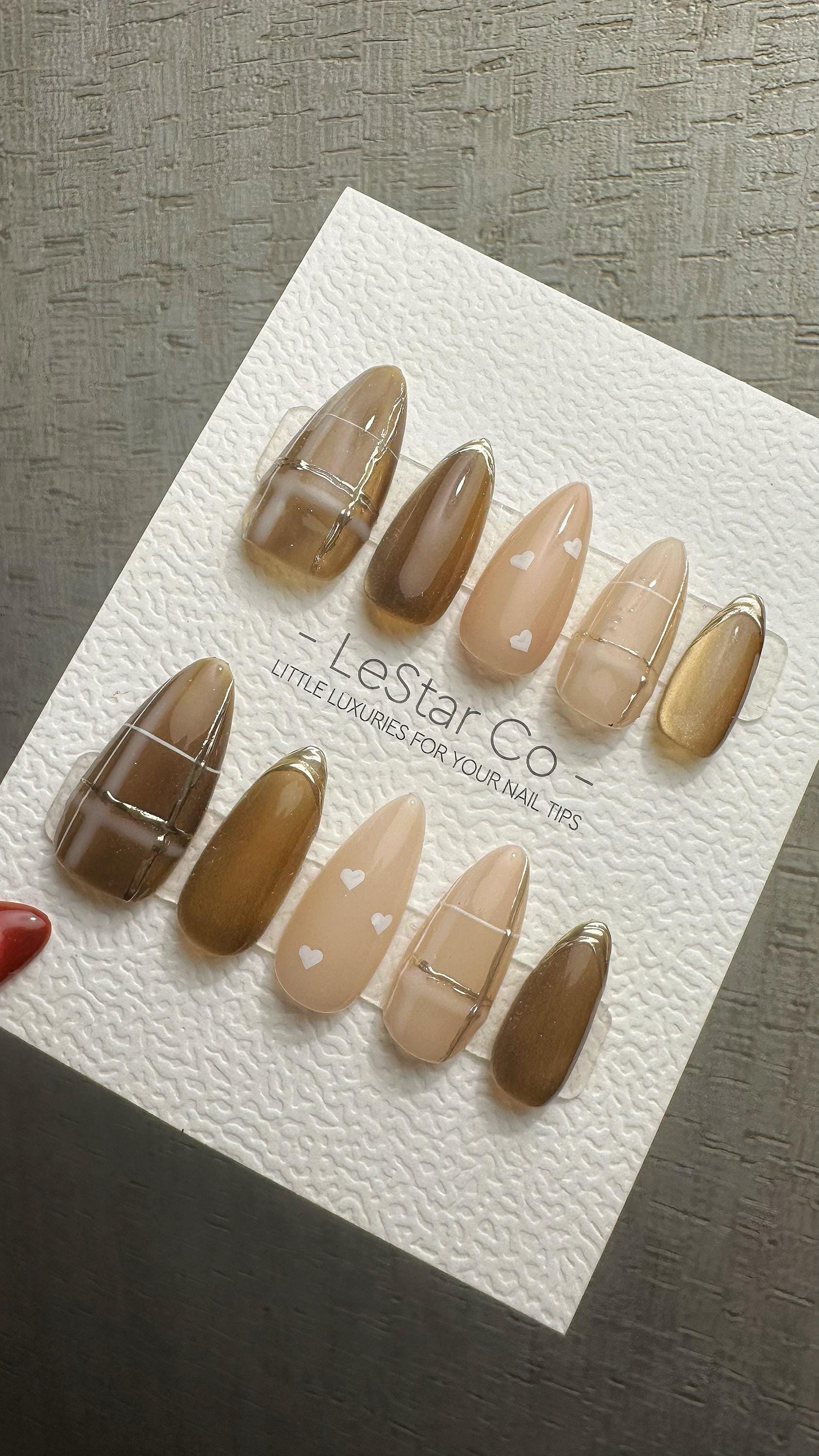Reusable Toffee Heart Charm Cat Eye Effect| Premium Press on Nails Gel | Fake Nails | Cute Fun Colorful Gel Nail faux nails WM986