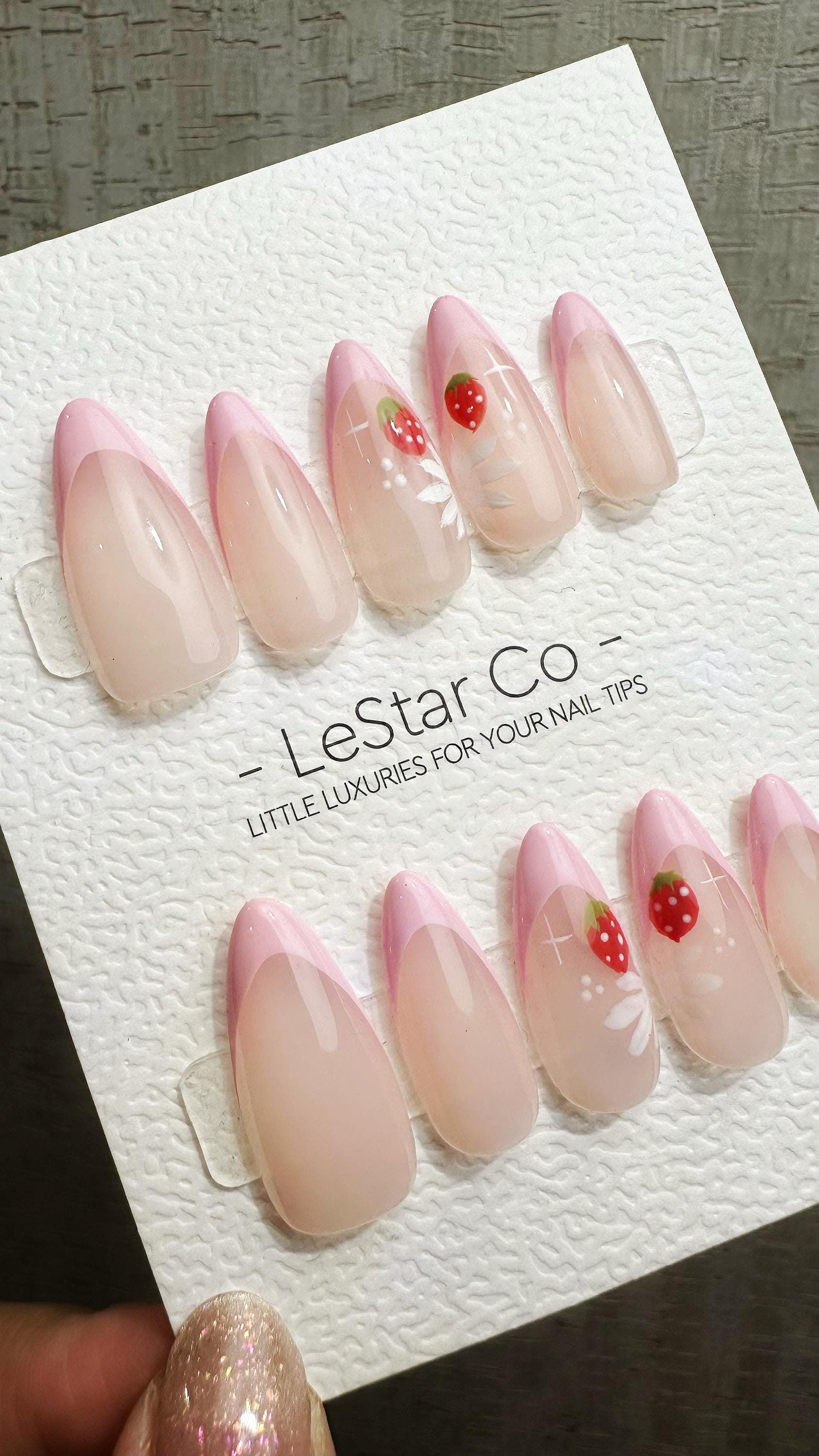 Reusable Strawberry Blossom Pink French Tip | Premium Press on Nails Gel Hand Painted Pressons Customizable Gel Nail fake nails WM951