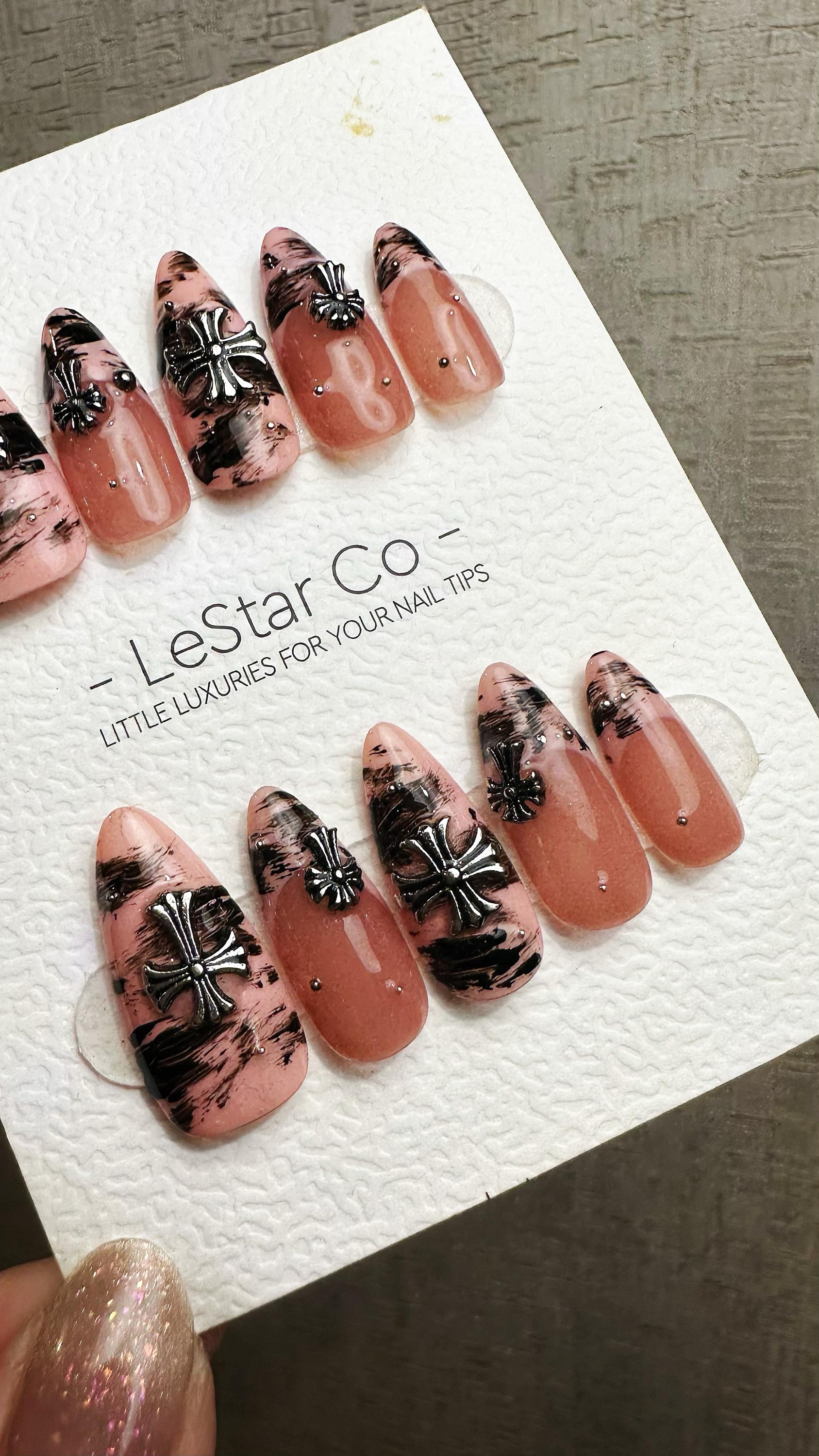 Reusable Marble Midnight Cross French Tip | Premium Press on Nails Gel Hand Painted Pressons Customizable Gel Nail fake nails WM952