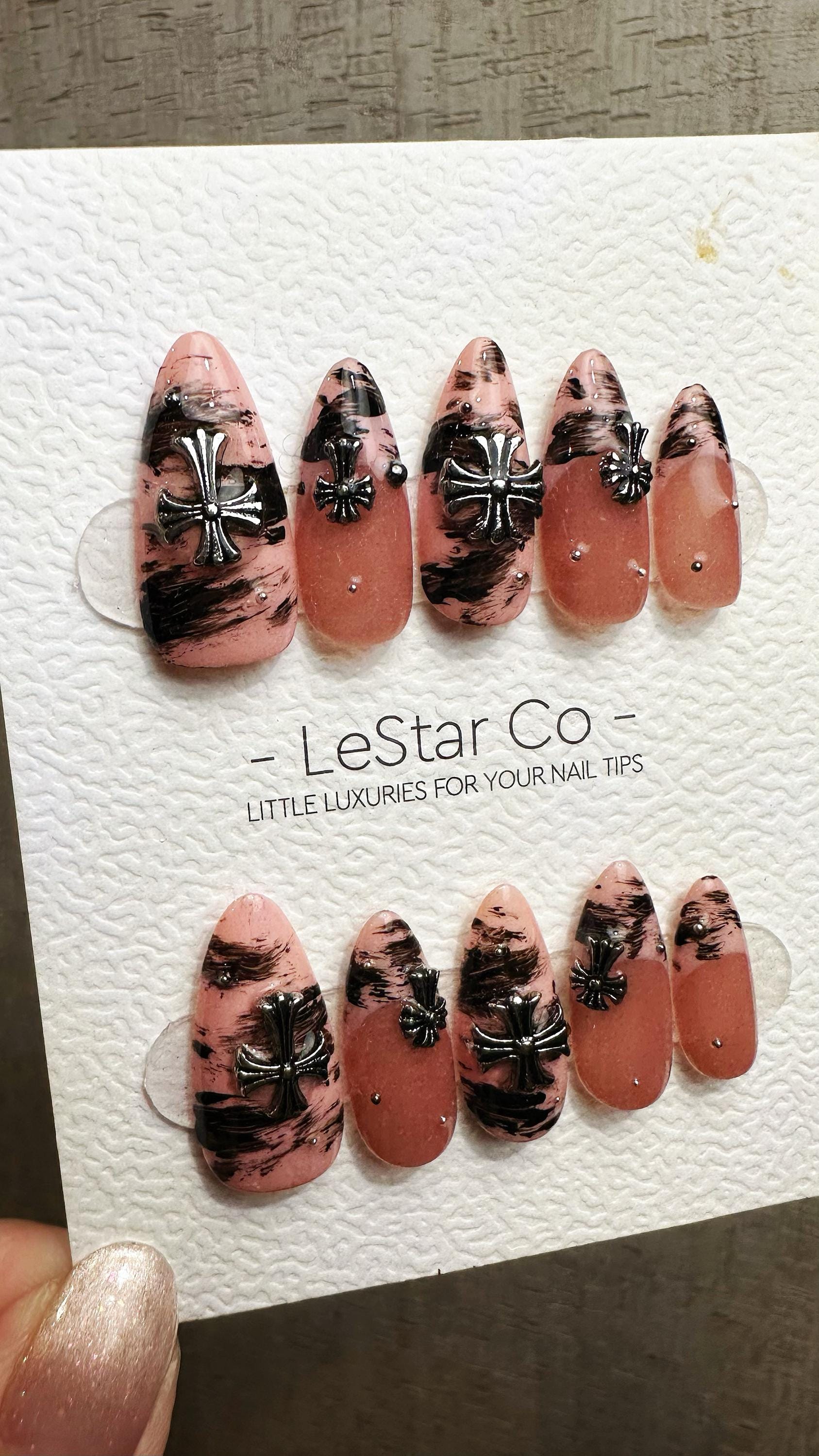 Reusable Marble Midnight Cross French Tip | Premium Press on Nails Gel Hand Painted Pressons Customizable Gel Nail fake nails WM952