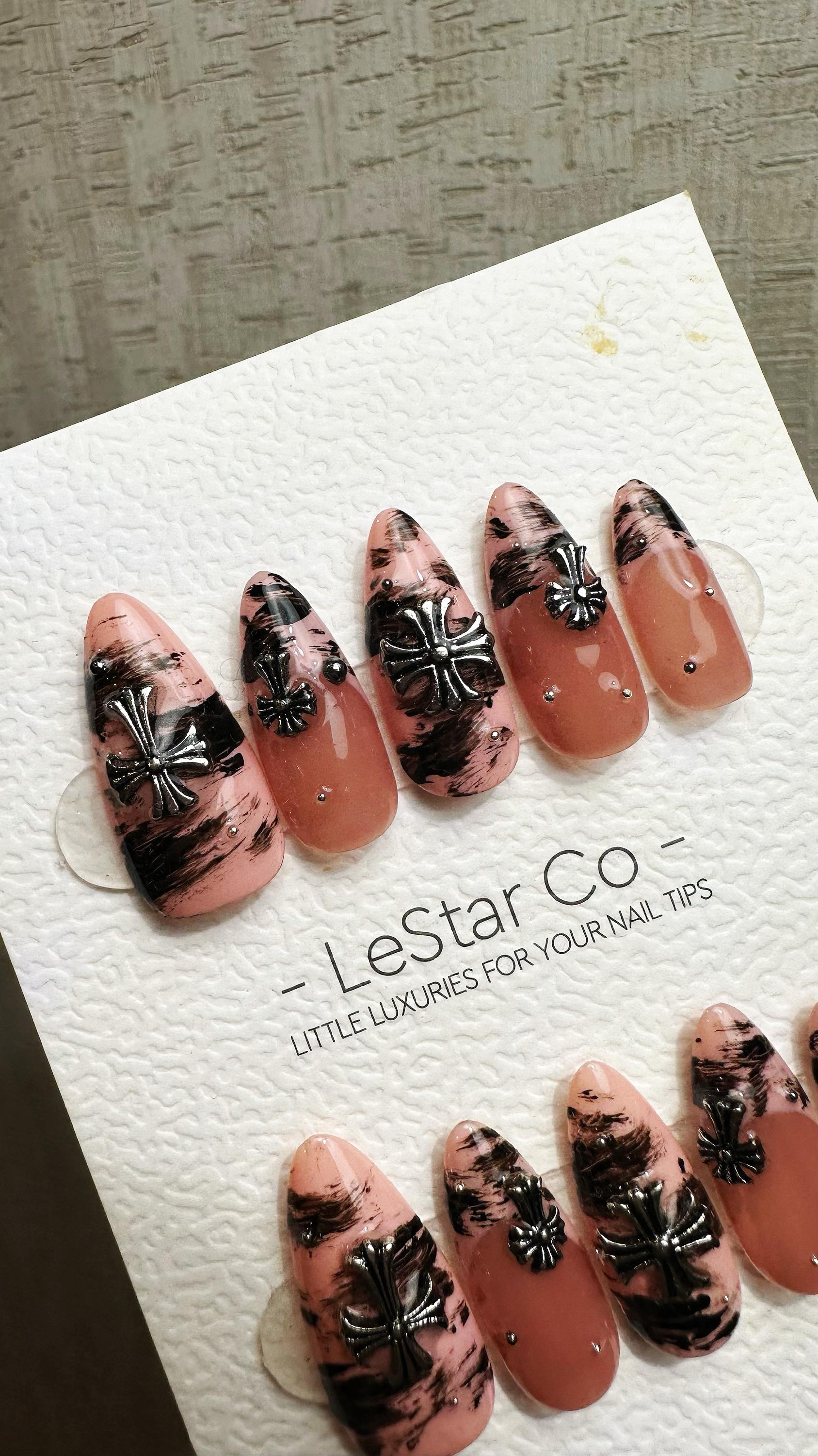 Reusable Marble Midnight Cross French Tip | Premium Press on Nails Gel Hand Painted Pressons Customizable Gel Nail fake nails WM952