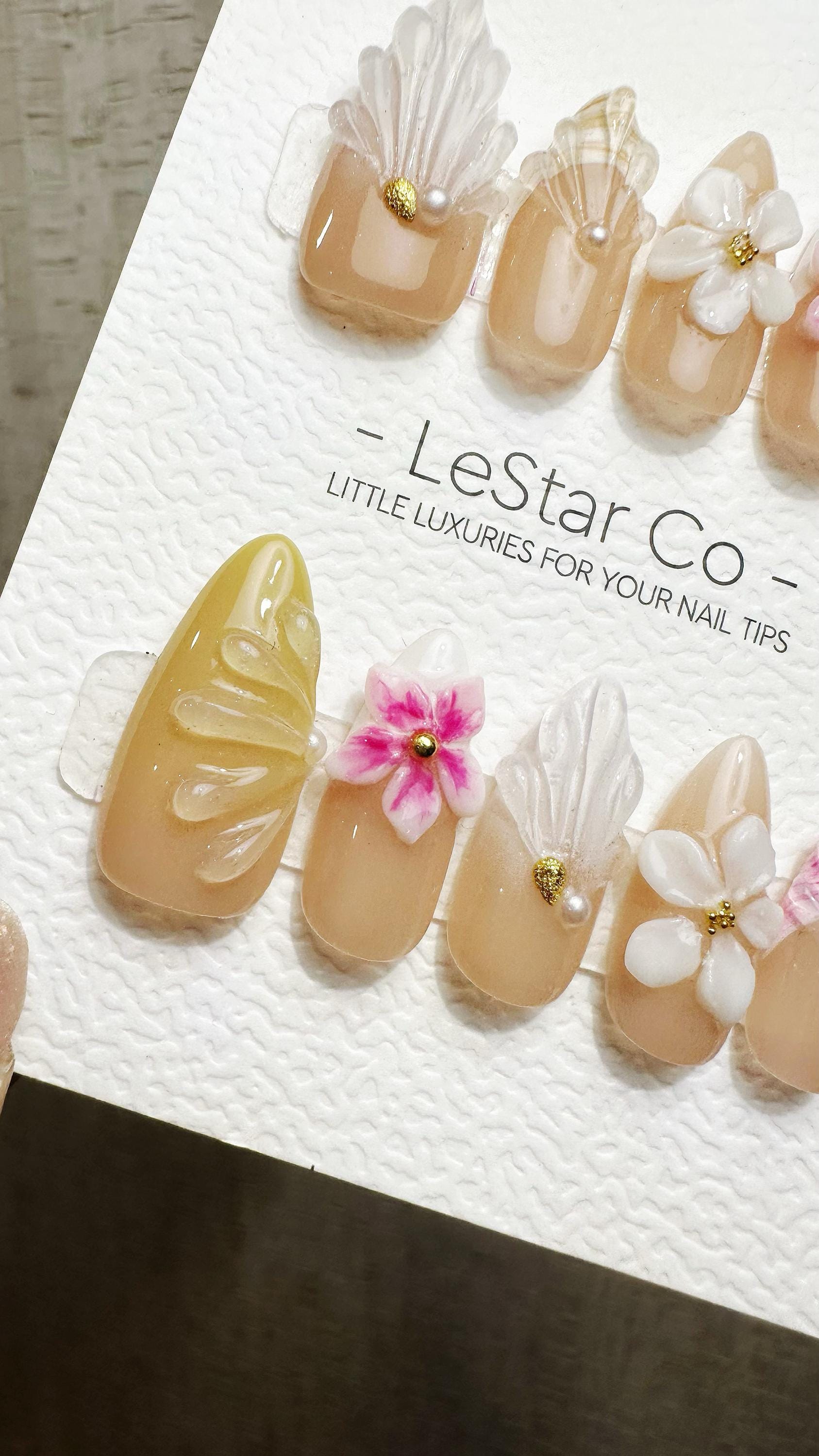 Reusable Nude Petal Serenity 3D Effect | Premium Press on Nails Gel Hand Painted Pressons Customizable Gel Nail Artist faux nails WM953