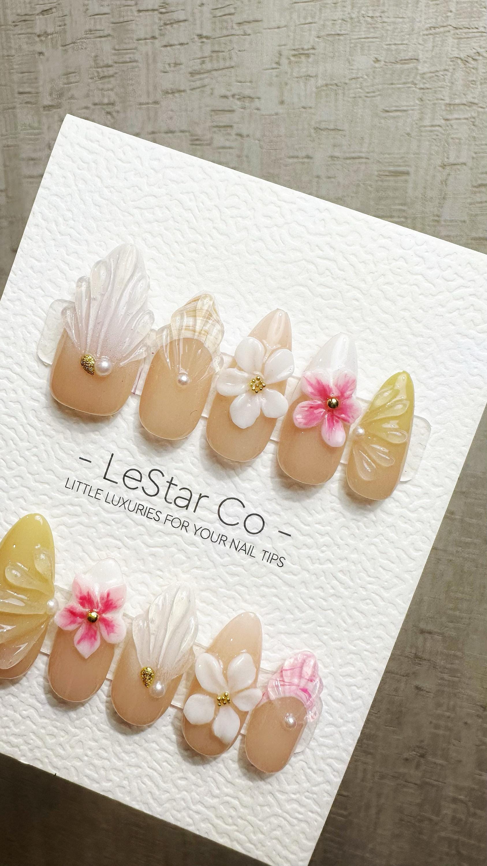 Reusable Nude Petal Serenity 3D Effect | Premium Press on Nails Gel Hand Painted Pressons Customizable Gel Nail Artist faux nails WM953