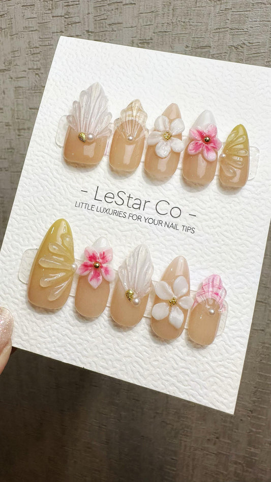 Reusable Nude Petal Serenity 3D Effect | Premium Press on Nails Gel Hand Painted Pressons Customizable Gel Nail Artist faux nails WM953