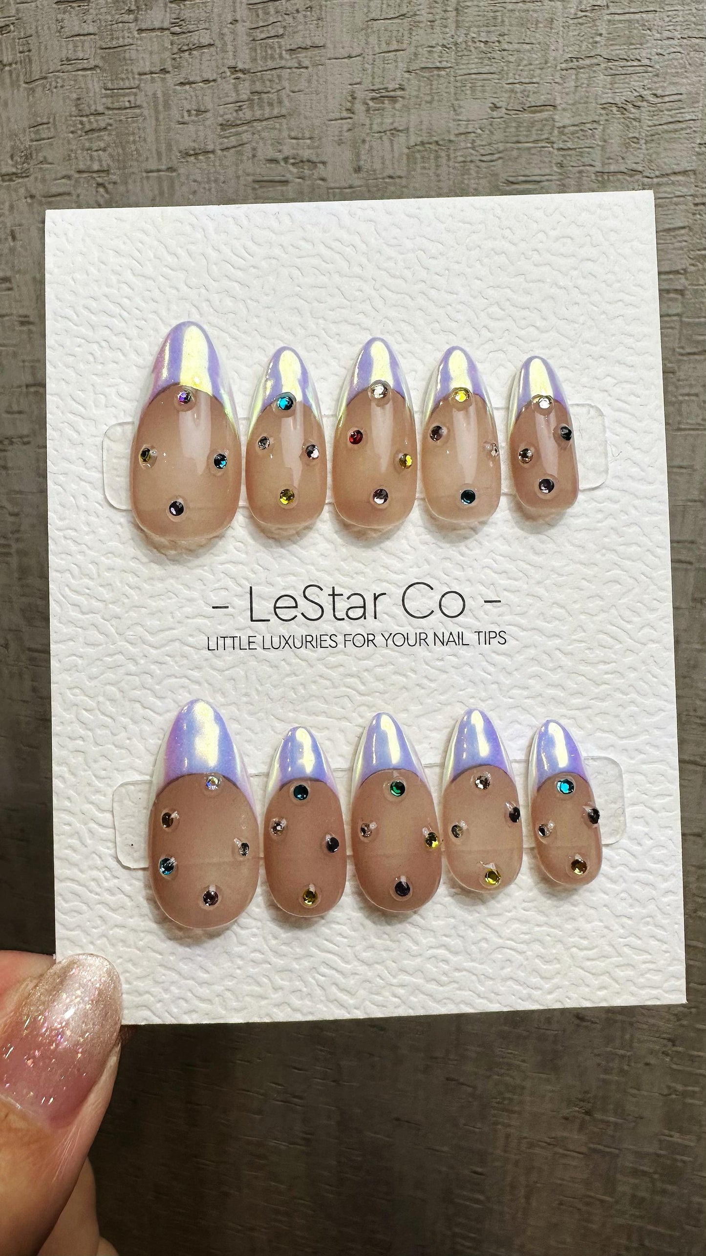Reusable Iridescent Jewel Glow French Tip | Premium Press on Nails Gel Hand Painted Pressons Customizable Gel Nail Artist faux nails QN954