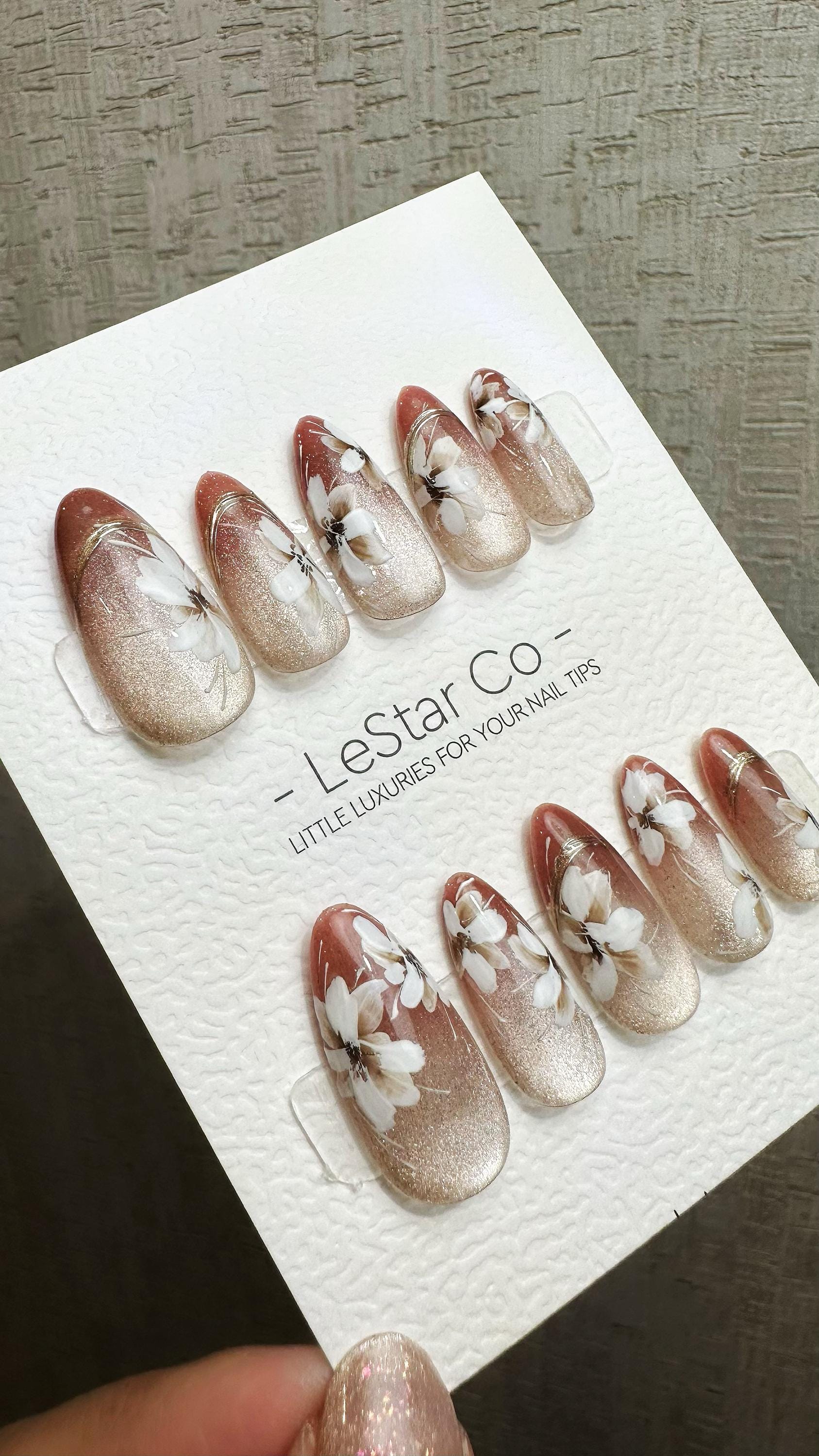 Reusable Autumn Blossom Glow Cat Eye Effect | Premium Press on Nails Gel Hand Painted Pressons Customizable Gel Nail Artist faux nails QN956