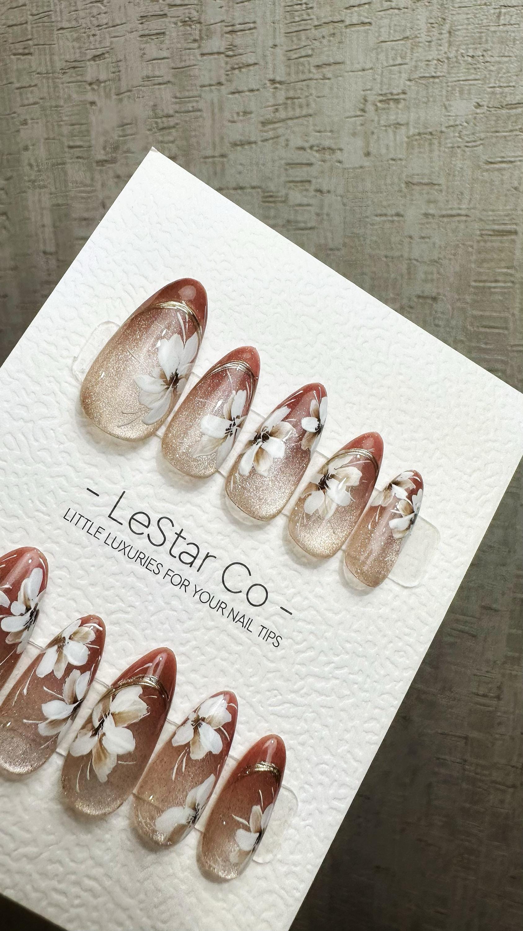 Reusable Autumn Blossom Glow Cat Eye Effect | Premium Press on Nails Gel Hand Painted Pressons Customizable Gel Nail Artist faux nails QN956