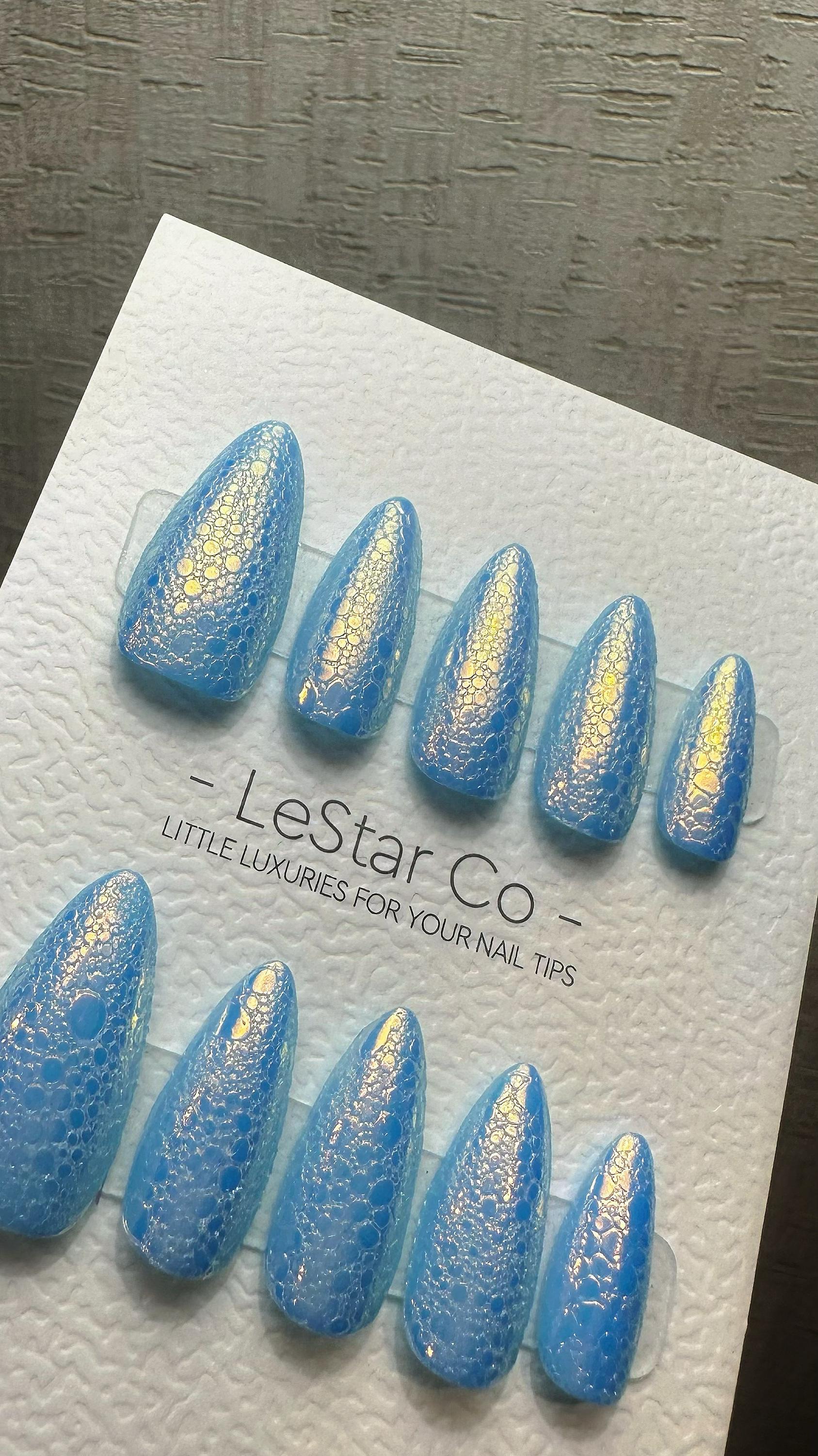 Reusable Blue Lagoon Sparkle | Premium Press on Nails Gel Hand Painted Pressons Customizable Gel Nail Artist fake nails WM990