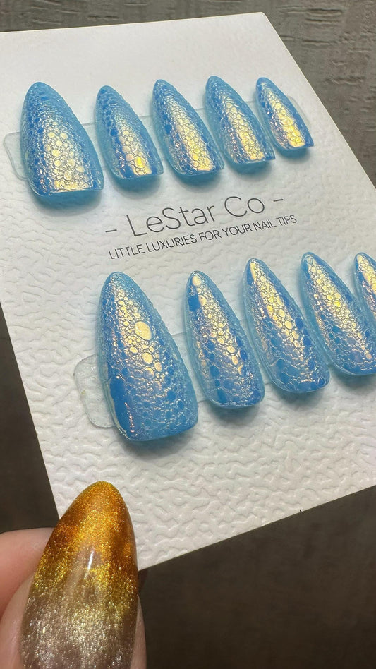 Reusable Blue Lagoon Sparkle | Premium Press on Nails Gel Hand Painted Pressons Customizable Gel Nail Artist fake nails WM990