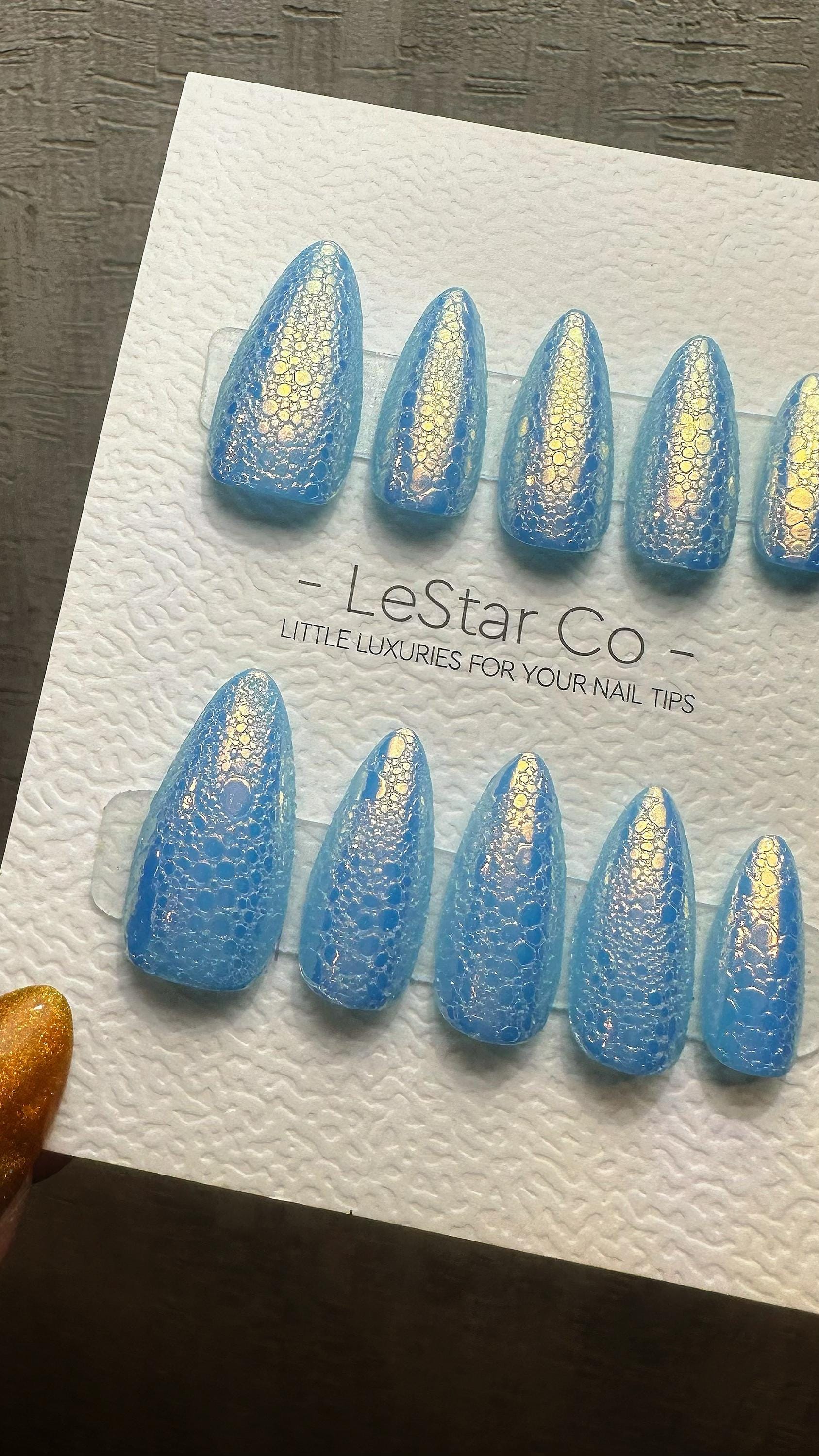Reusable Blue Lagoon Sparkle | Premium Press on Nails Gel Hand Painted Pressons Customizable Gel Nail Artist fake nails WM990