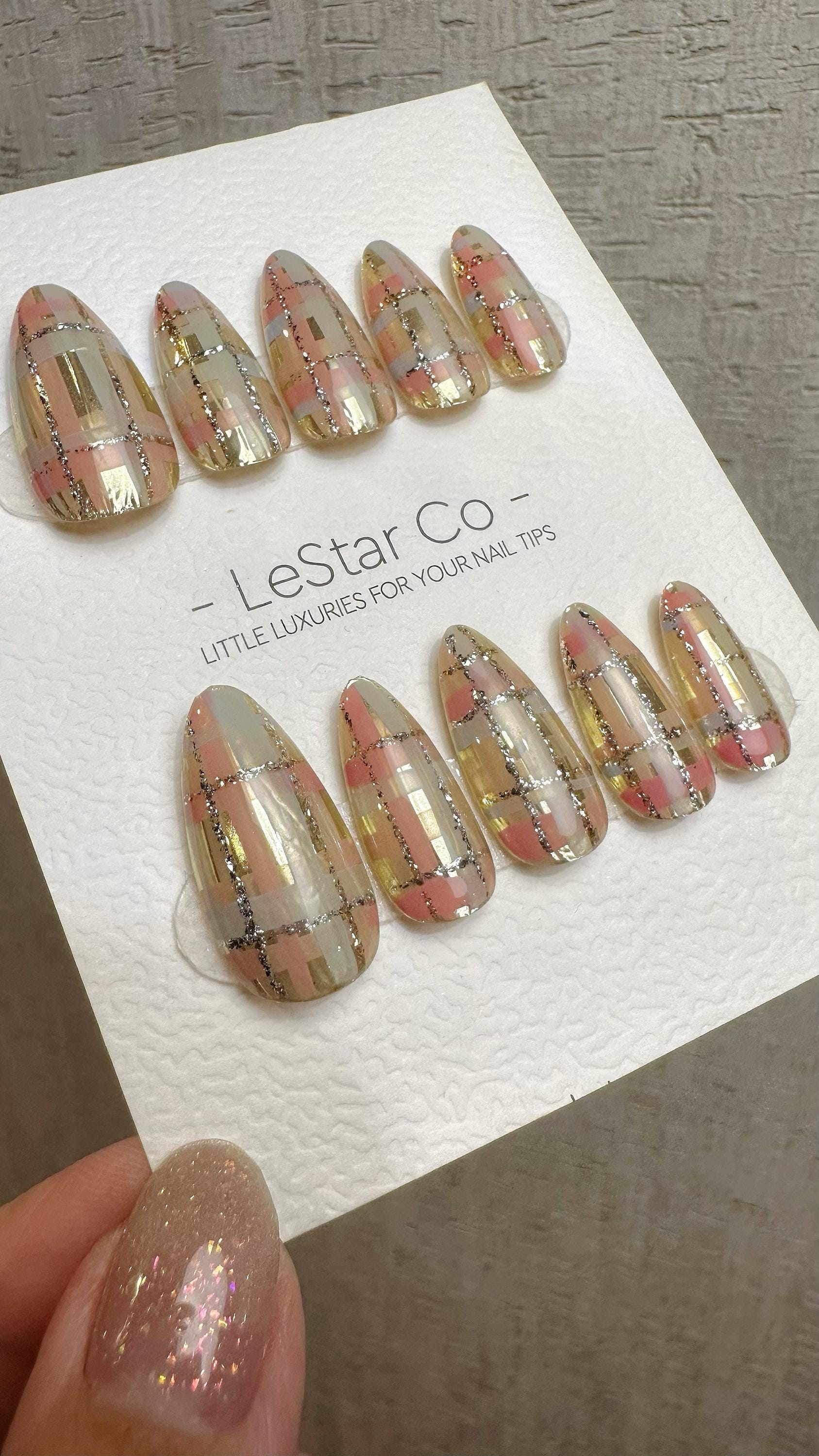 Reusable Peachy Blush Plaid | Premium Press on Nails Gel Hand Painted Pressons Customizable Gel Nail faux nails QN961