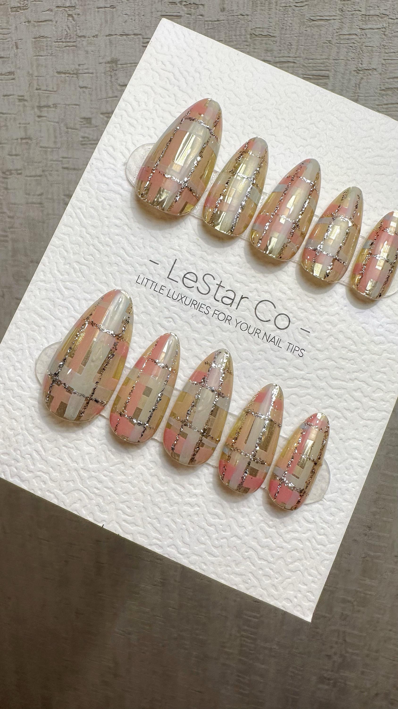 Reusable Peachy Blush Plaid | Premium Press on Nails Gel Hand Painted Pressons Customizable Gel Nail faux nails QN961
