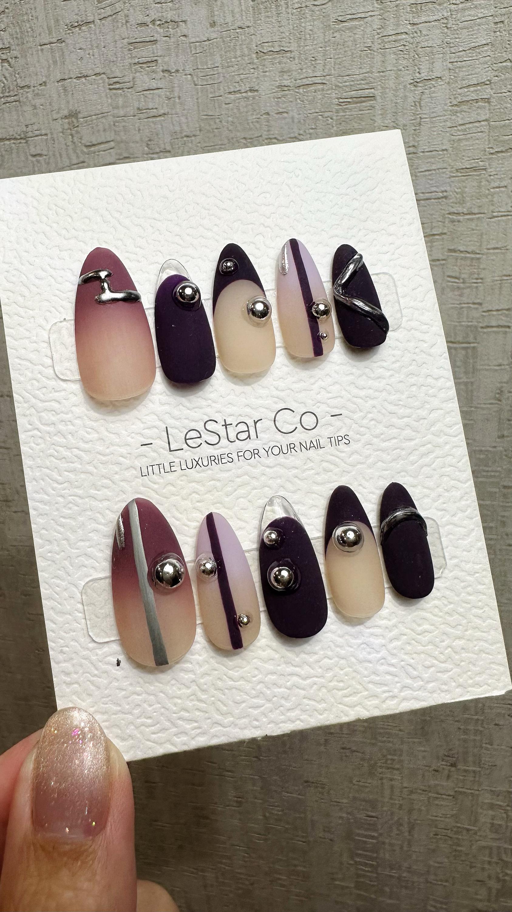 Reusable Silver Plum Horizon | Premium Press on Nails Gel Hand Painted Pressons Customizable Gel Nail faux nails QN962