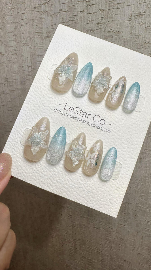 Reusable Glacial Floral Dream| Premium Press on Nails Gel | Fake Nails | Cute Fun Colorful Gel Nail Artist faux nails QN964