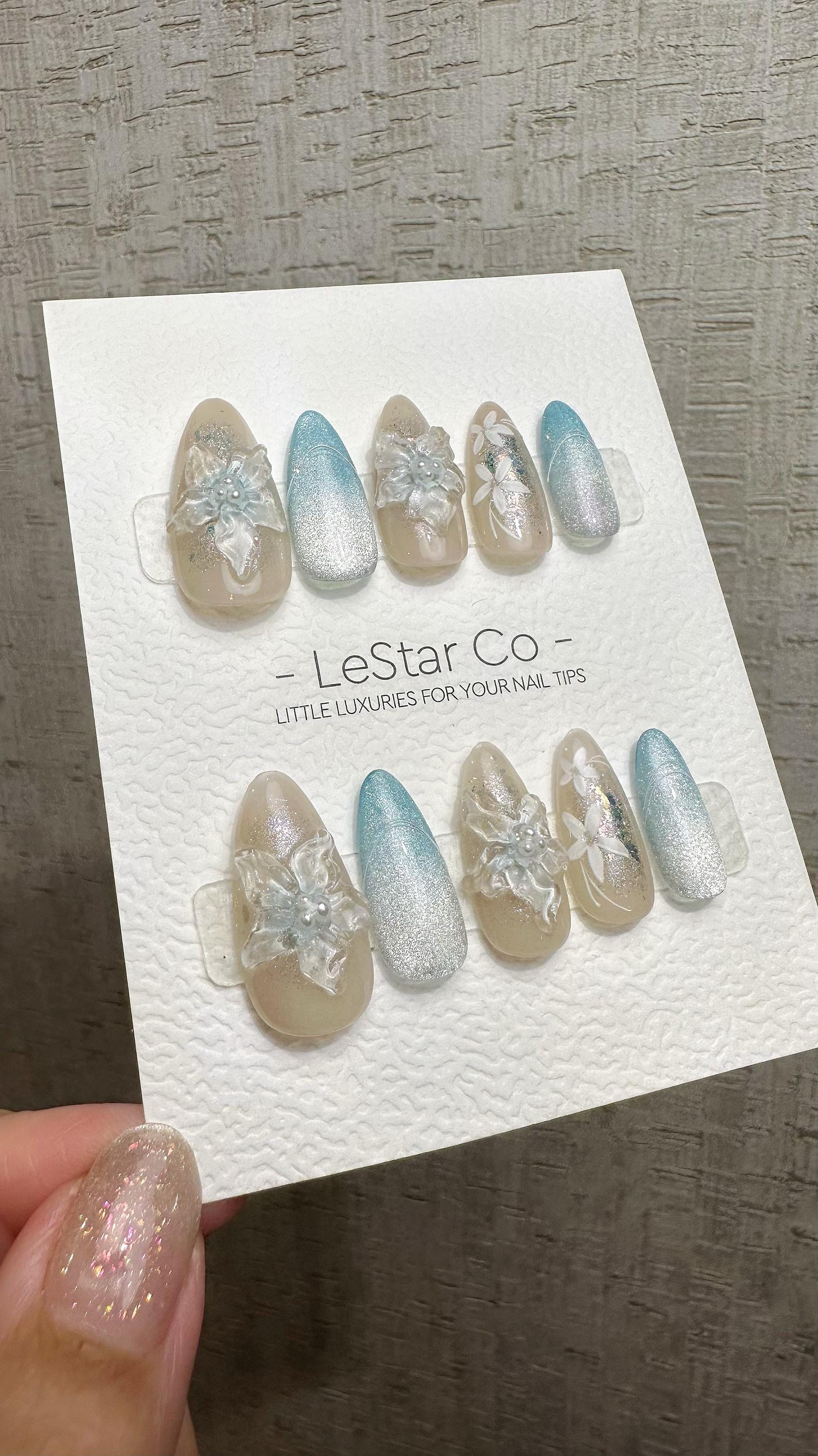Reusable Glacial Floral Dream| Premium Press on Nails Gel | Fake Nails | Cute Fun Colorful Gel Nail Artist faux nails QN964