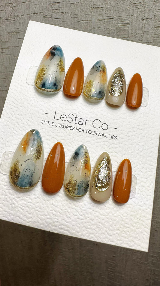 Reusable Terracotta Sky Fusion | Premium Press on Nails Gel Hand Painted Pressons Customizable Gel Nail faux nails QN965