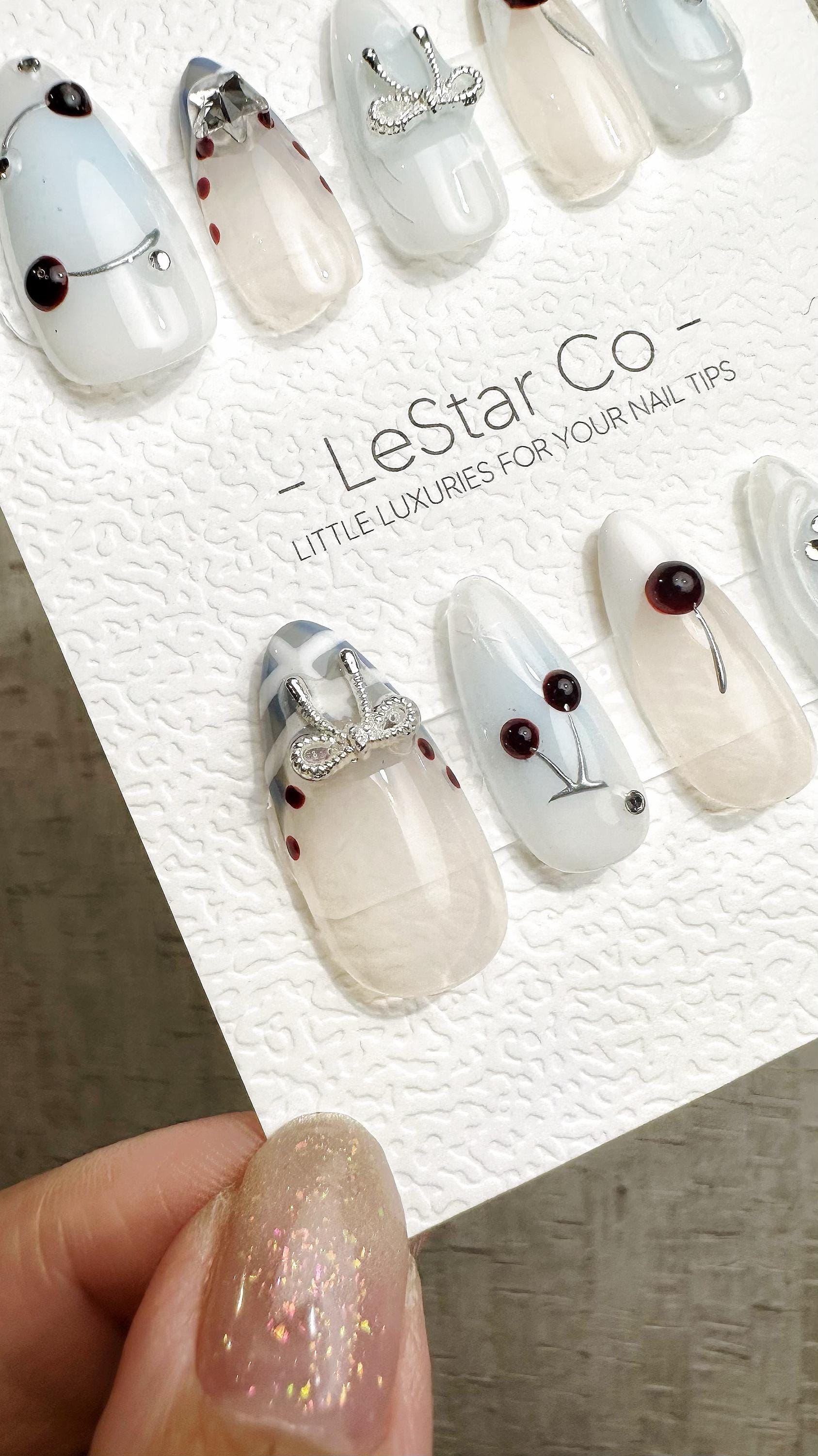 Reusable Crystal Cherry Sparkle | Premium Handmade Press on Nails Gel | Fake Nails | Cute Fun Colorful Gel Nail Artist faux nails QN969