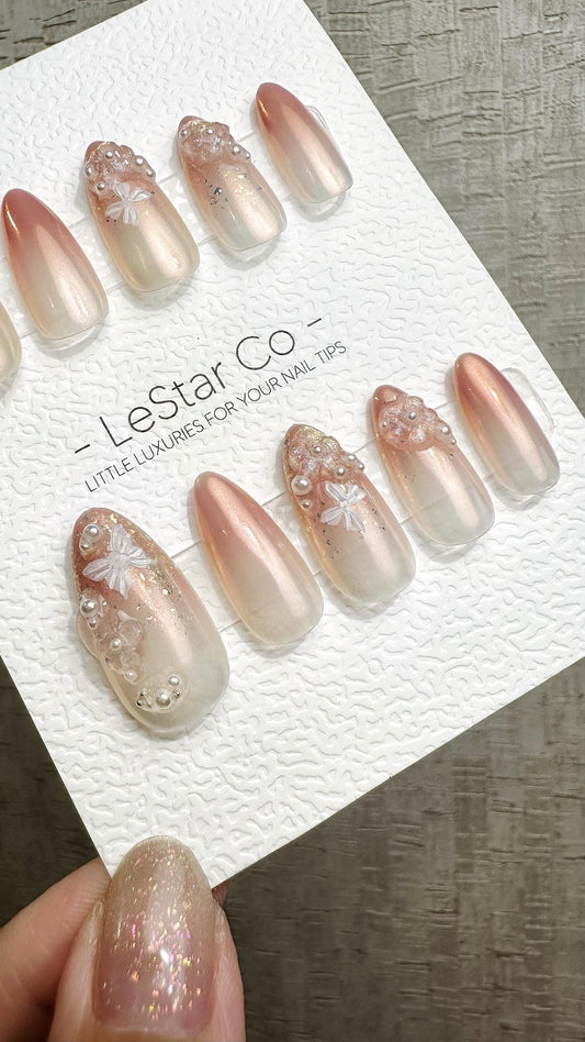 Reusable Pearl Blossom Dream | Premium Handmade Press on Nails Gel | Fake Nails | Cute Fun Colorful Gel Nail Artist faux nails QN970