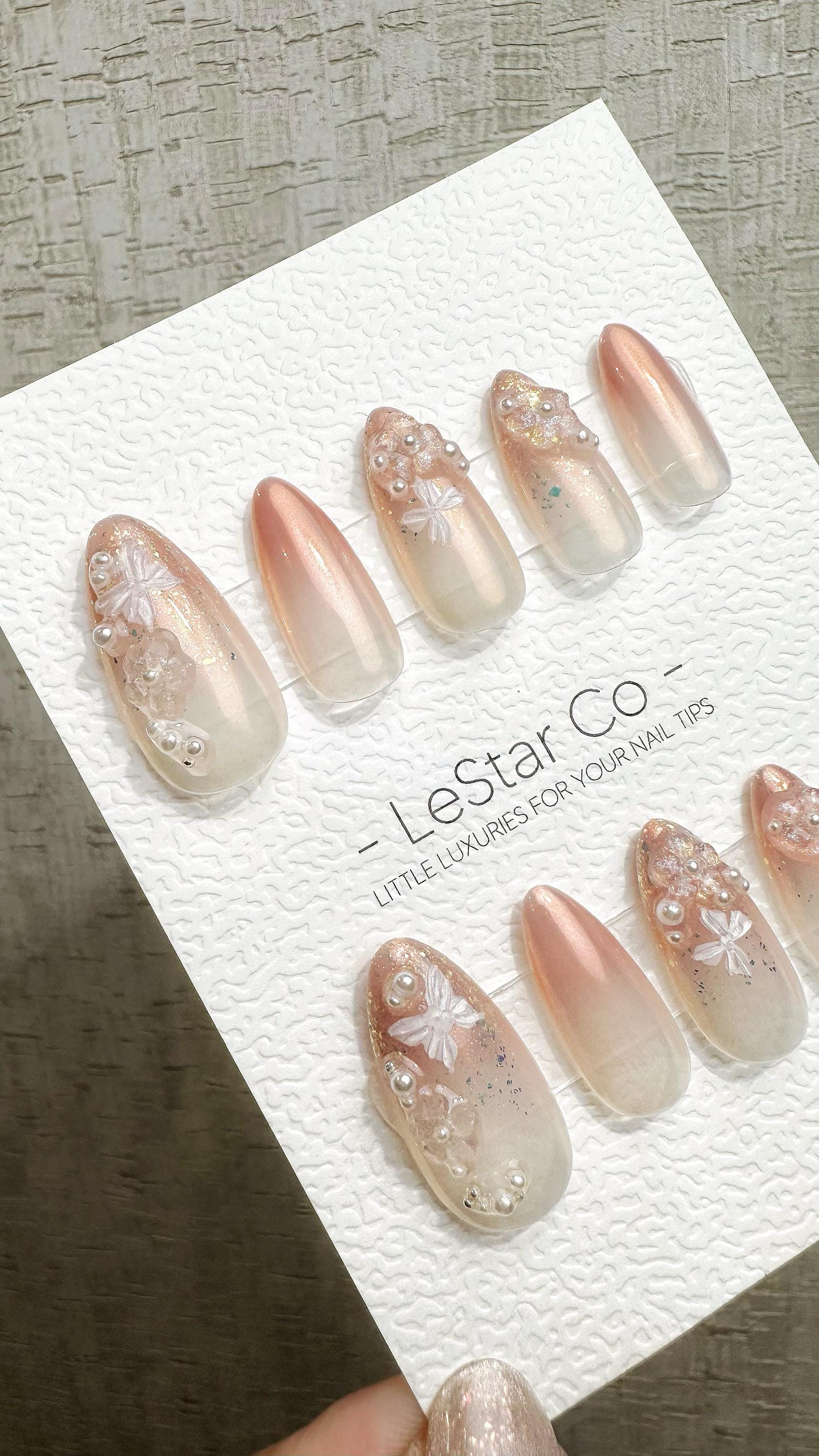 Reusable Pearl Blossom Dream | Premium Handmade Press on Nails Gel | Fake Nails | Cute Fun Colorful Gel Nail Artist faux nails QN970