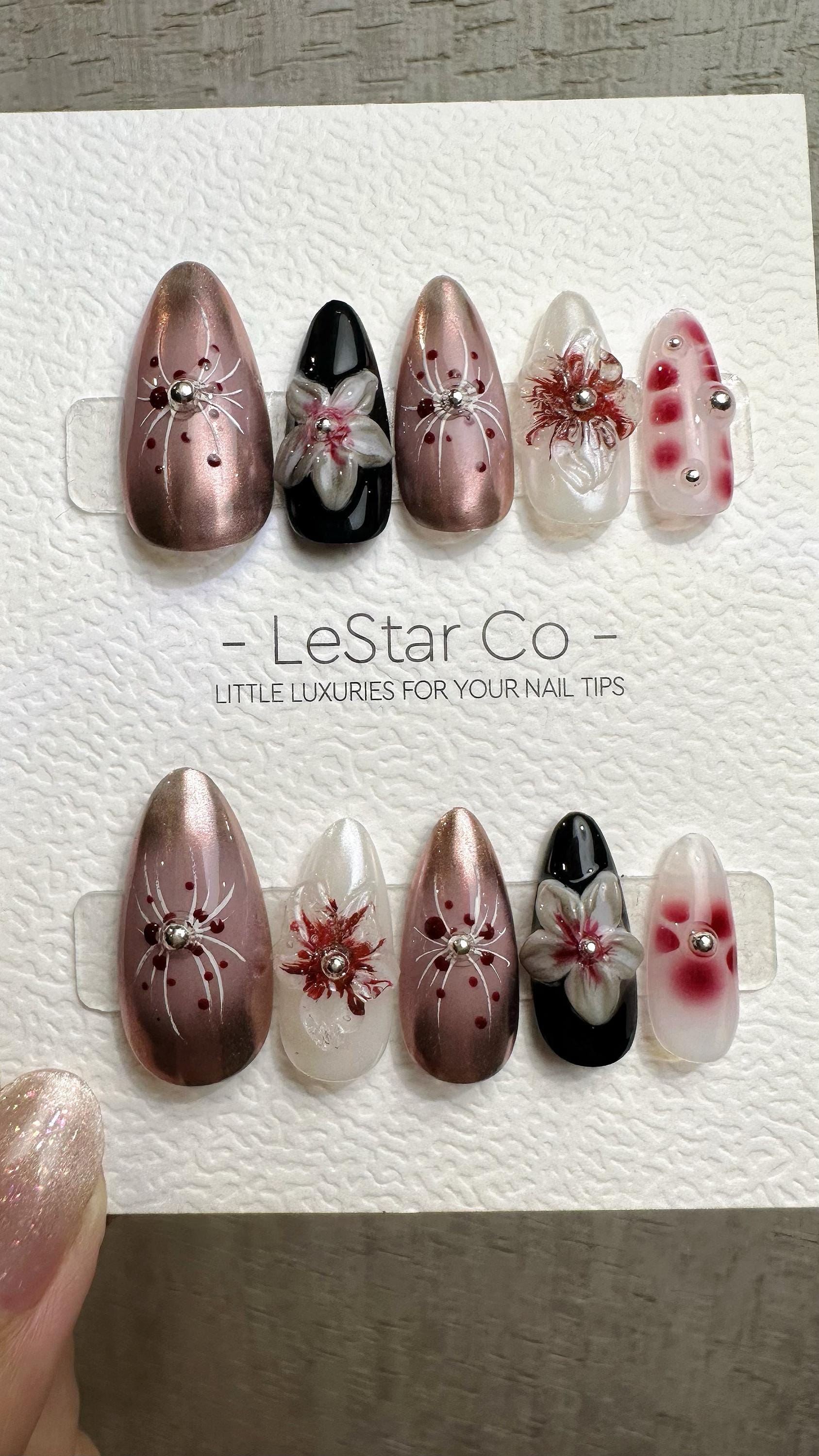 Reusable Rose Gold Floral 3D Pop | Premium Handmade Press on Nails Gel | Fake Nails | Cute Fun Colorful Gel Nail Artist faux nails QN971