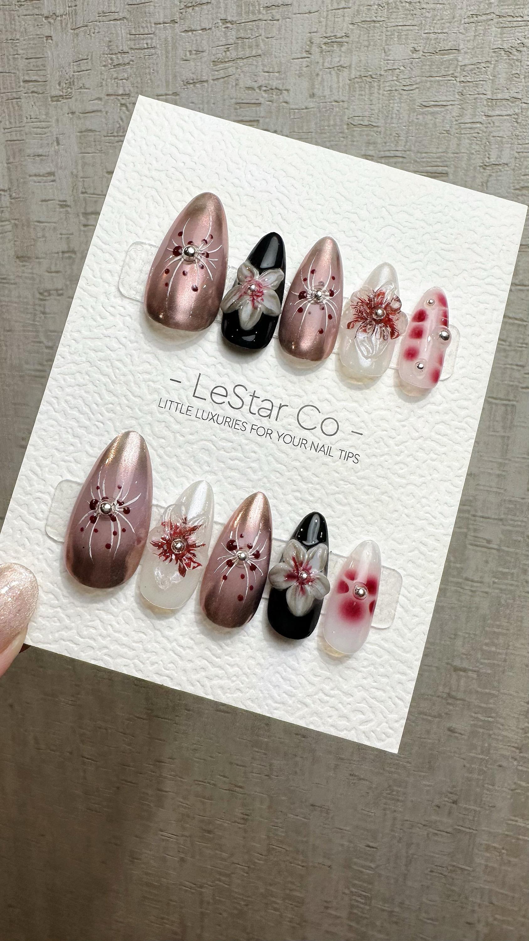 Reusable Rose Gold Floral 3D Pop | Premium Handmade Press on Nails Gel | Fake Nails | Cute Fun Colorful Gel Nail Artist faux nails QN971