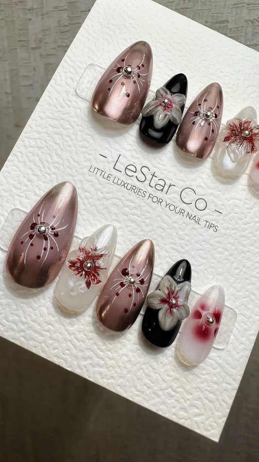 Reusable Rose Gold Floral 3D Pop | Premium Handmade Press on Nails Gel | Fake Nails | Cute Fun Colorful Gel Nail Artist faux nails QN971