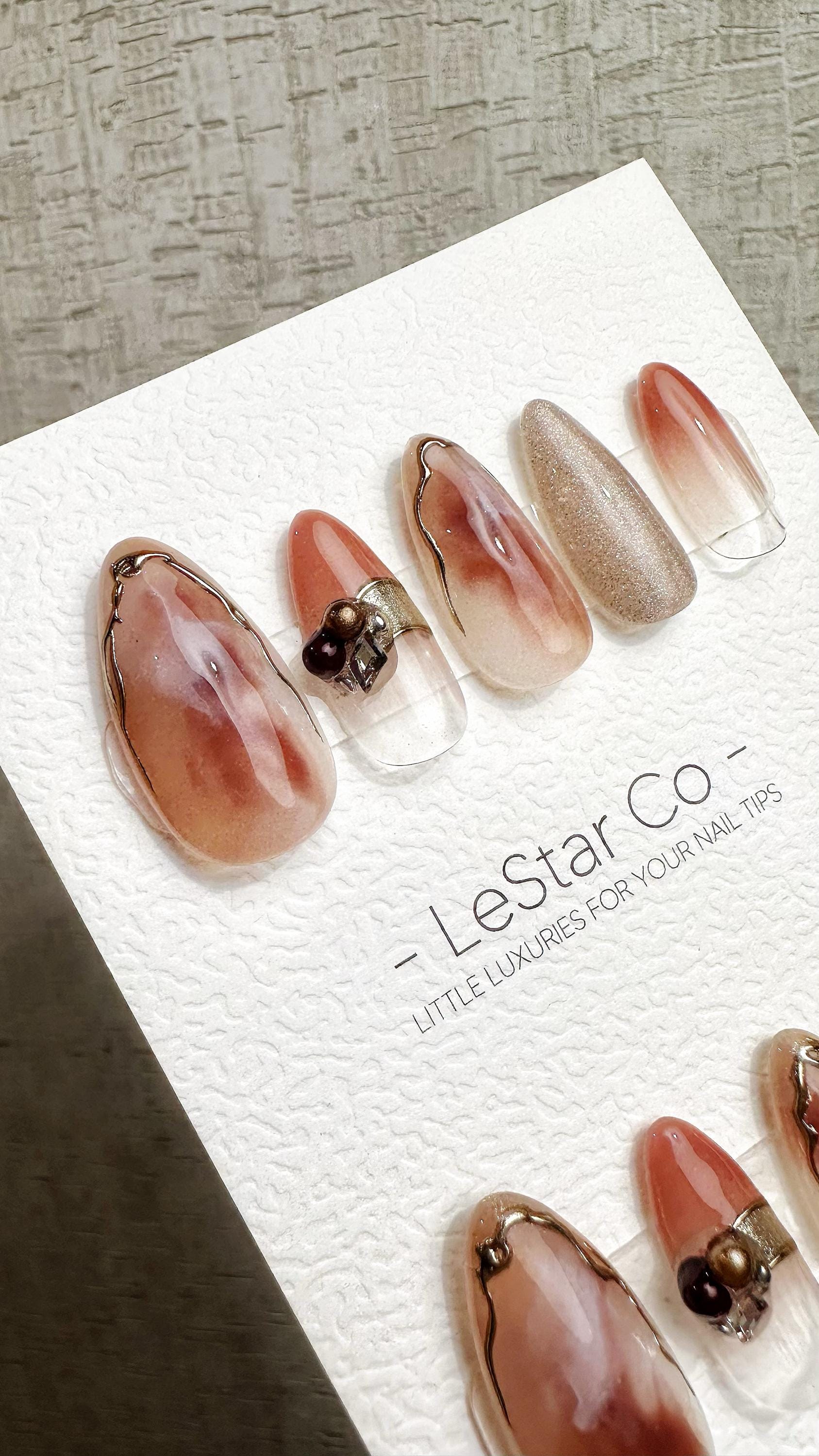 Reusable Peach Marble Glow | Premium Handmade Press on Nails Gel Hand Painted Pressons Customizable Gel Nail Artist faux nails QN972