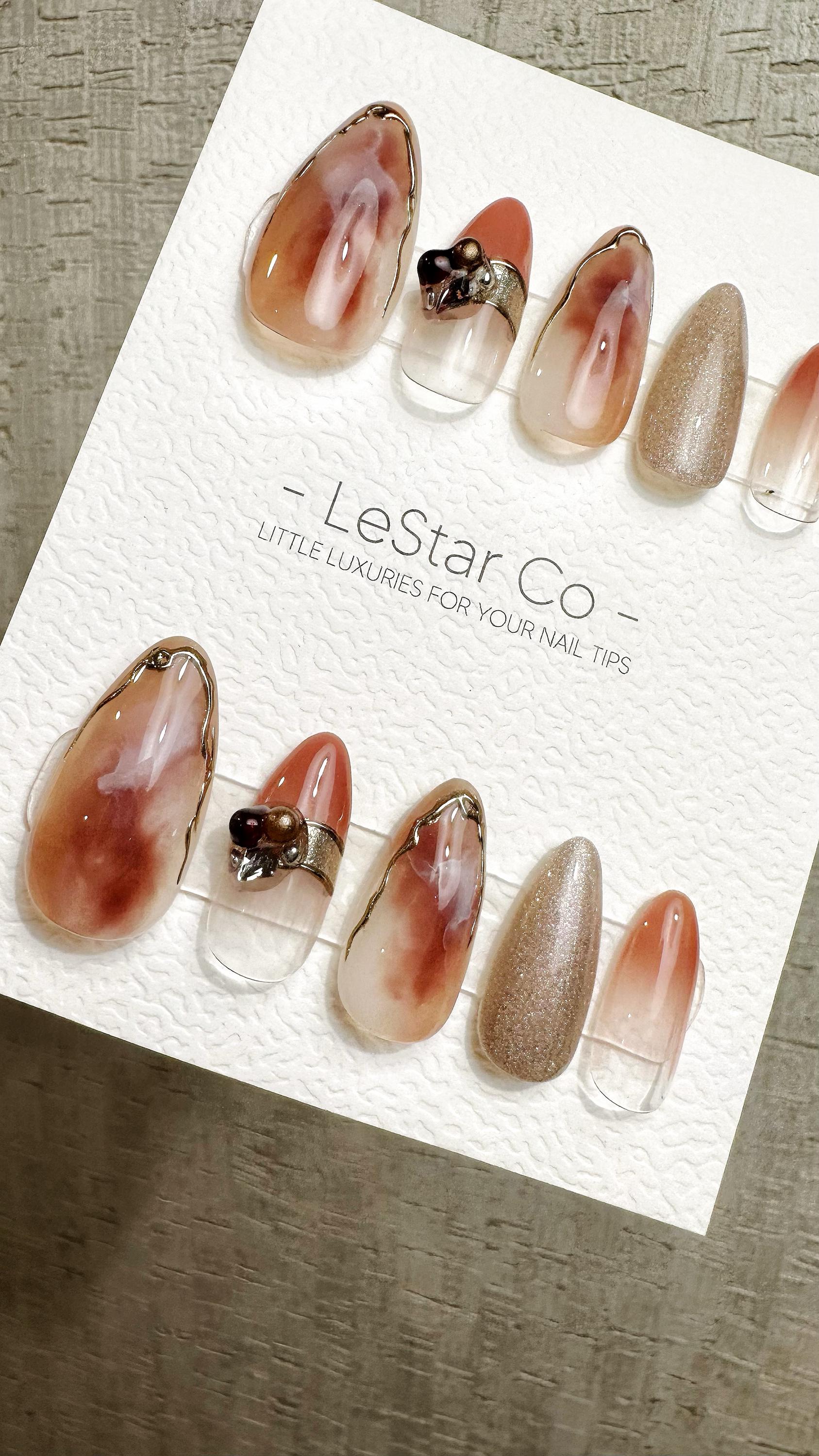 Reusable Peach Marble Glow | Premium Handmade Press on Nails Gel Hand Painted Pressons Customizable Gel Nail Artist faux nails QN972