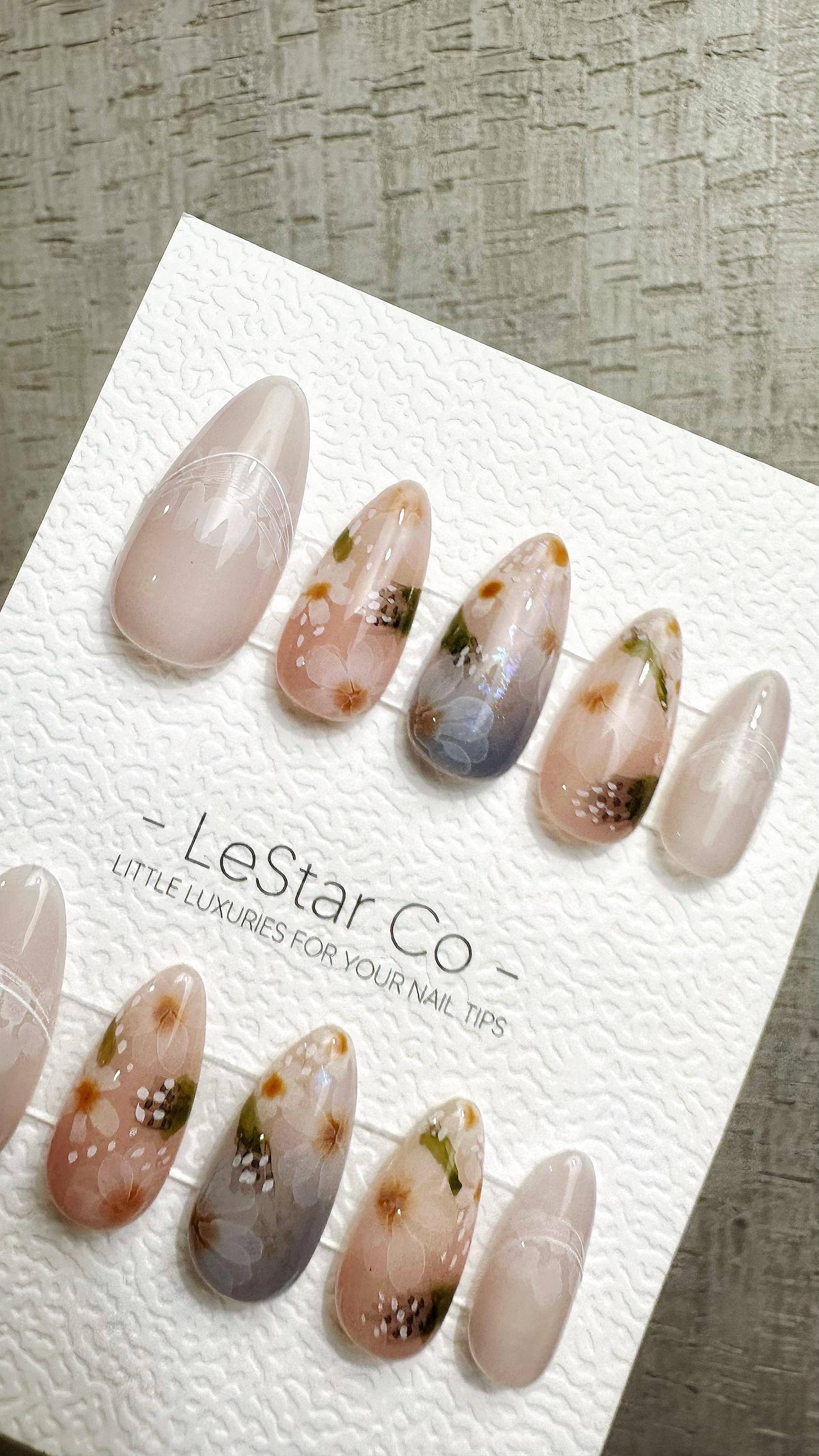Reusable Blossom Mist | Premium Handmade Press on Nails Gel Hand Painted Pressons Customizable Gel Nail Artist faux nails QN973