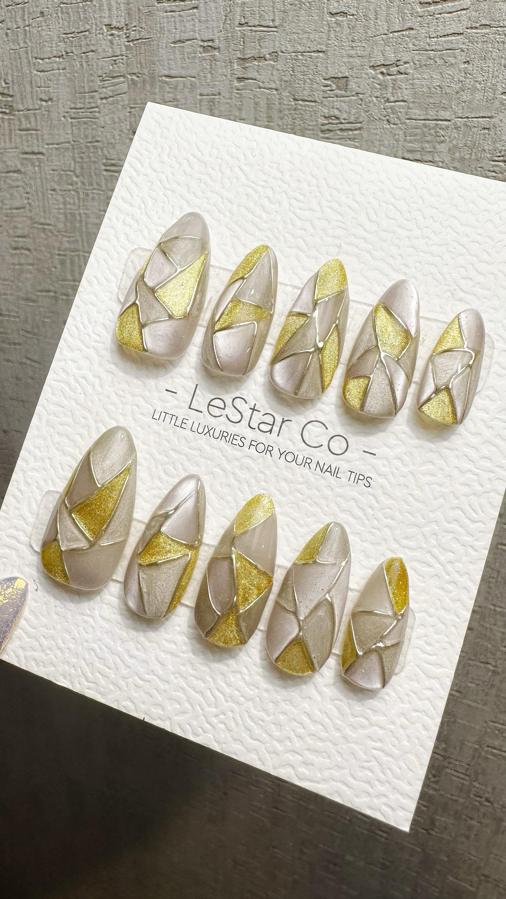 Reusable Golden Shards | Premium Handmade Press on Nails Gel | Fake Nails | Cute Fun Colorful Gel Nail Artist faux nails WM976