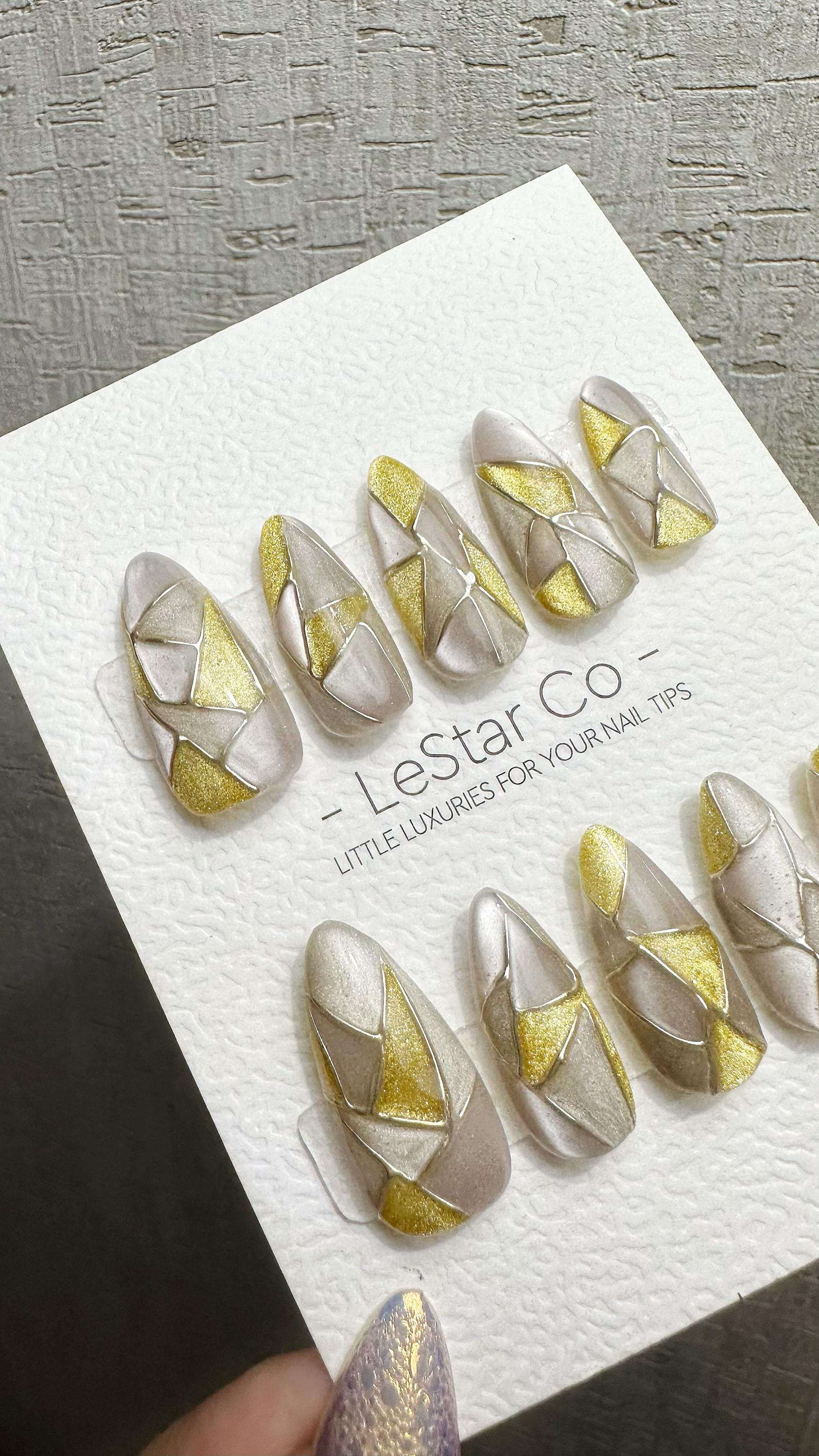Reusable Golden Shards | Premium Handmade Press on Nails Gel | Fake Nails | Cute Fun Colorful Gel Nail Artist faux nails WM976