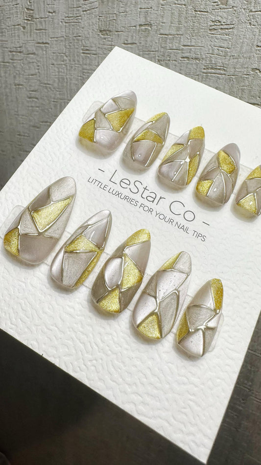 Reusable Golden Shards | Premium Handmade Press on Nails Gel | Fake Nails | Cute Fun Colorful Gel Nail Artist faux nails WM976