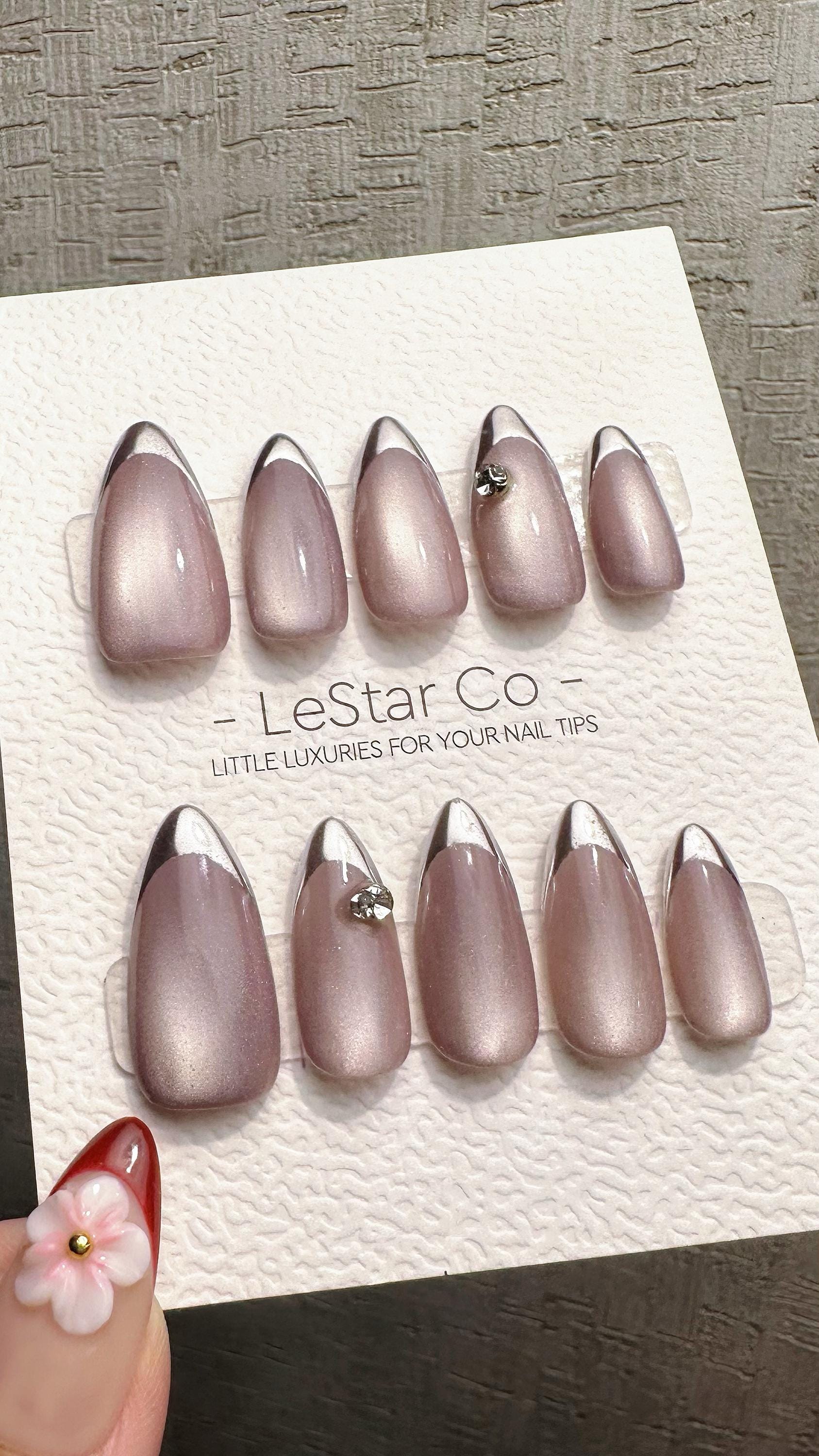 Reusable Metallic Moon Glow French Tip Cat Eye Effect| Premium Press on Nails Gel | Fake Nails | Cute Fun Colorful Gel Nail faux nails WM980