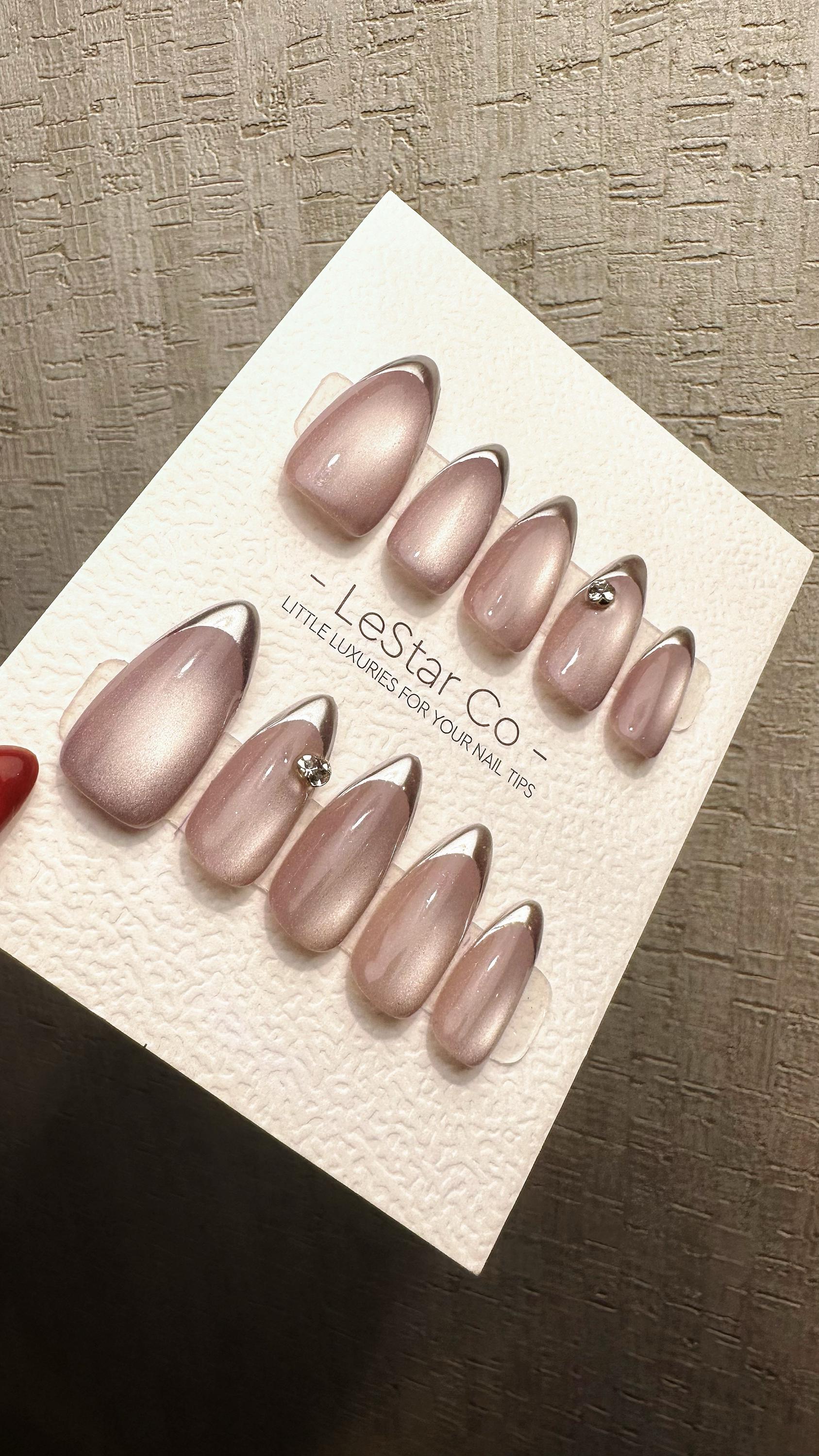 Reusable Metallic Moon Glow French Tip Cat Eye Effect| Premium Press on Nails Gel | Fake Nails | Cute Fun Colorful Gel Nail faux nails WM980