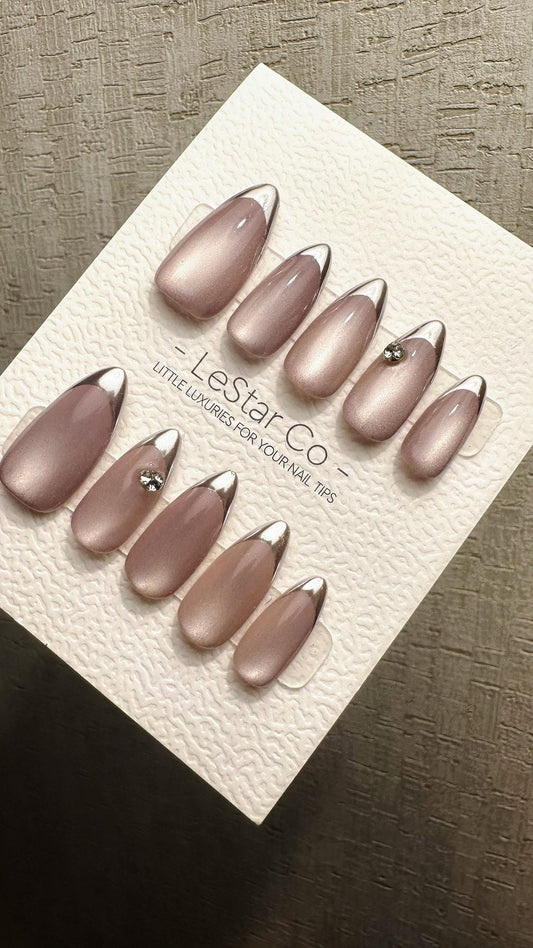 Reusable Metallic Moon Glow French Tip Cat Eye Effect| Premium Press on Nails Gel | Fake Nails | Cute Fun Colorful Gel Nail faux nails WM980