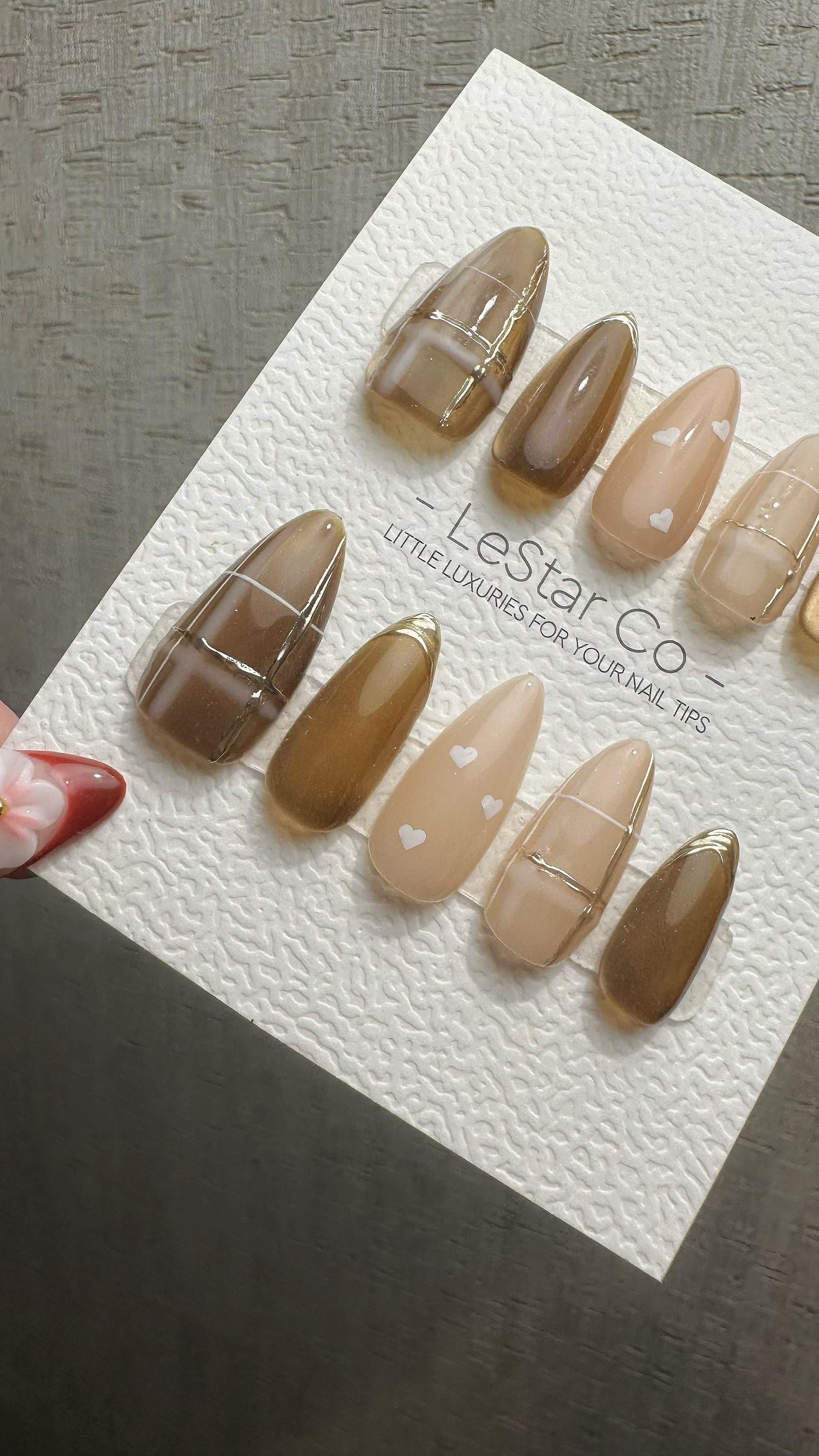 Reusable Toffee Heart Charm Cat Eye Effect| Premium Press on Nails Gel | Fake Nails | Cute Fun Colorful Gel Nail faux nails WM986