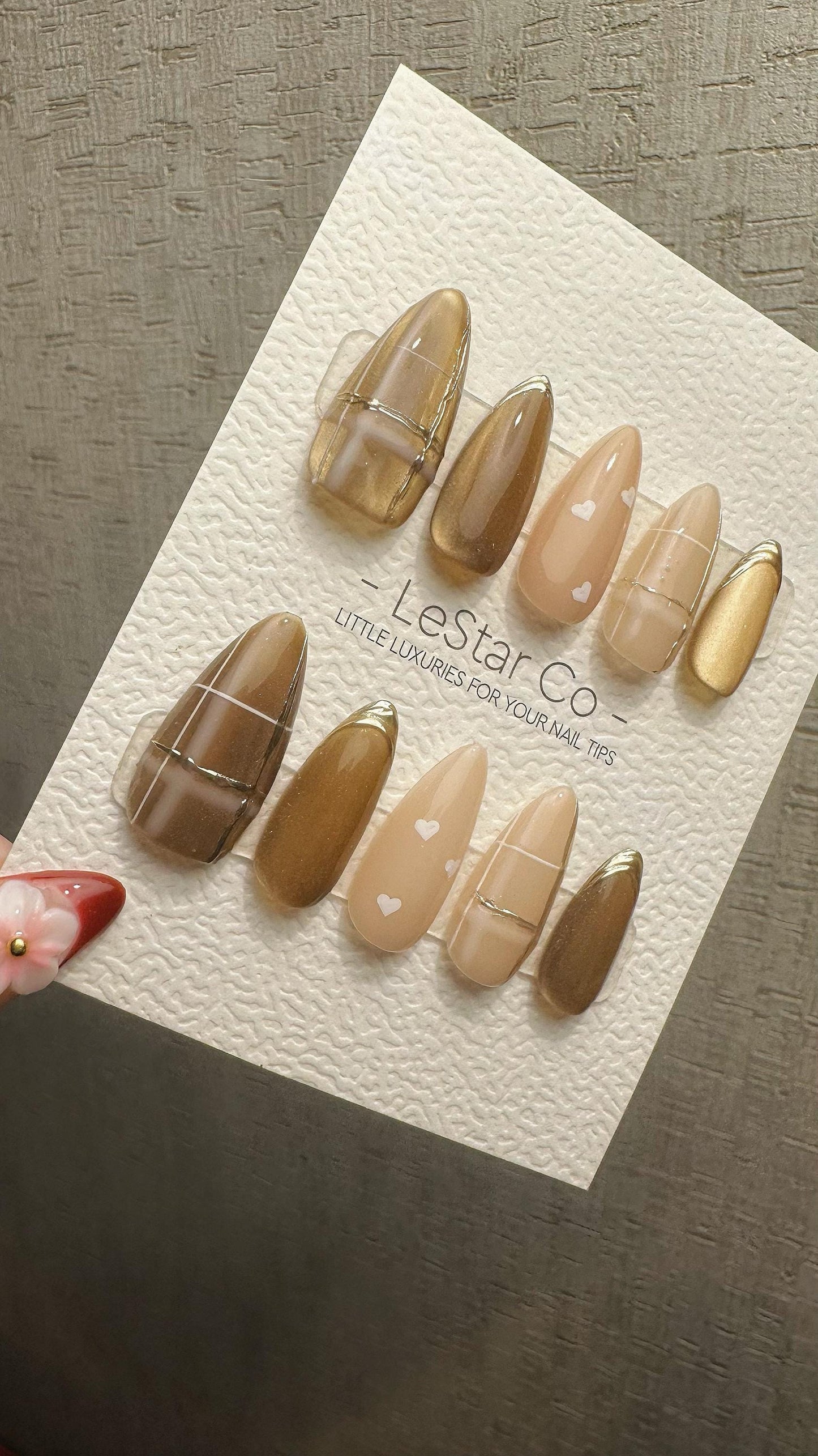 Reusable Toffee Heart Charm Cat Eye Effect| Premium Press on Nails Gel | Fake Nails | Cute Fun Colorful Gel Nail faux nails WM986