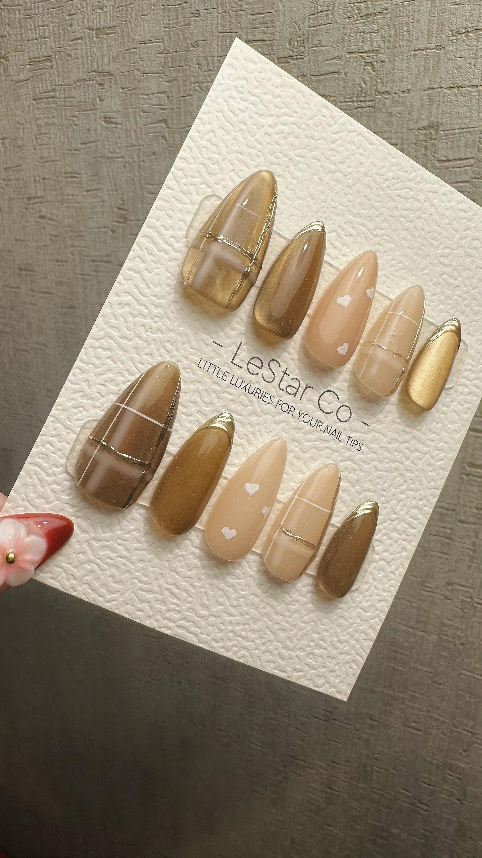 Reusable Toffee Heart Charm Cat Eye Effect| Premium Press on Nails Gel | Fake Nails | Cute Fun Colorful Gel Nail faux nails WM986