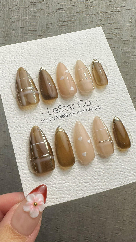 Reusable Toffee Heart Charm Cat Eye Effect| Premium Press on Nails Gel | Fake Nails | Cute Fun Colorful Gel Nail faux nails WM986