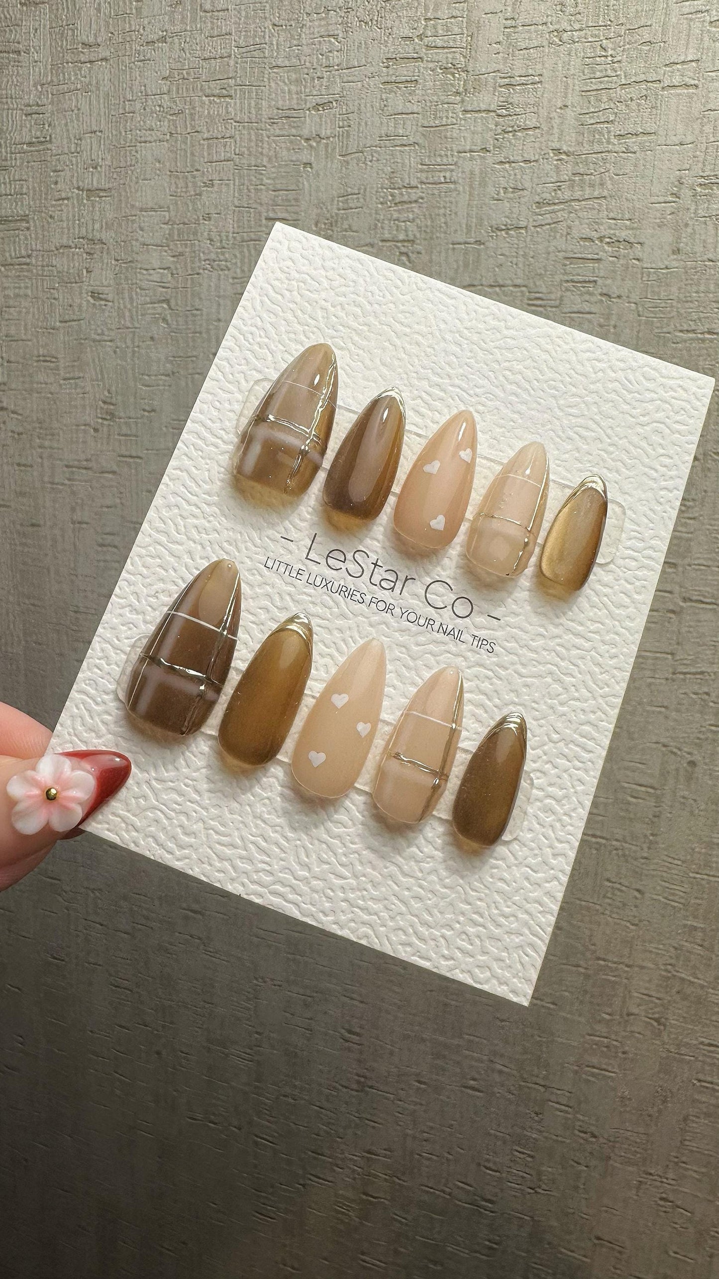 Reusable Toffee Heart Charm Cat Eye Effect| Premium Press on Nails Gel | Fake Nails | Cute Fun Colorful Gel Nail faux nails WM986