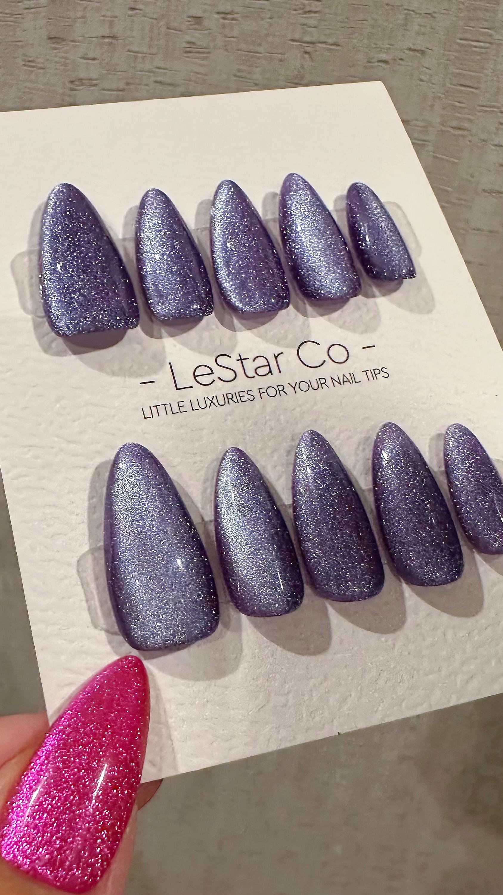 Reusable Cosmic Lavender Cat Eye Effect | Nails Premium Press on Nails Gel Manicure Handprint Pressons Handmade | Lestarco nails WM989