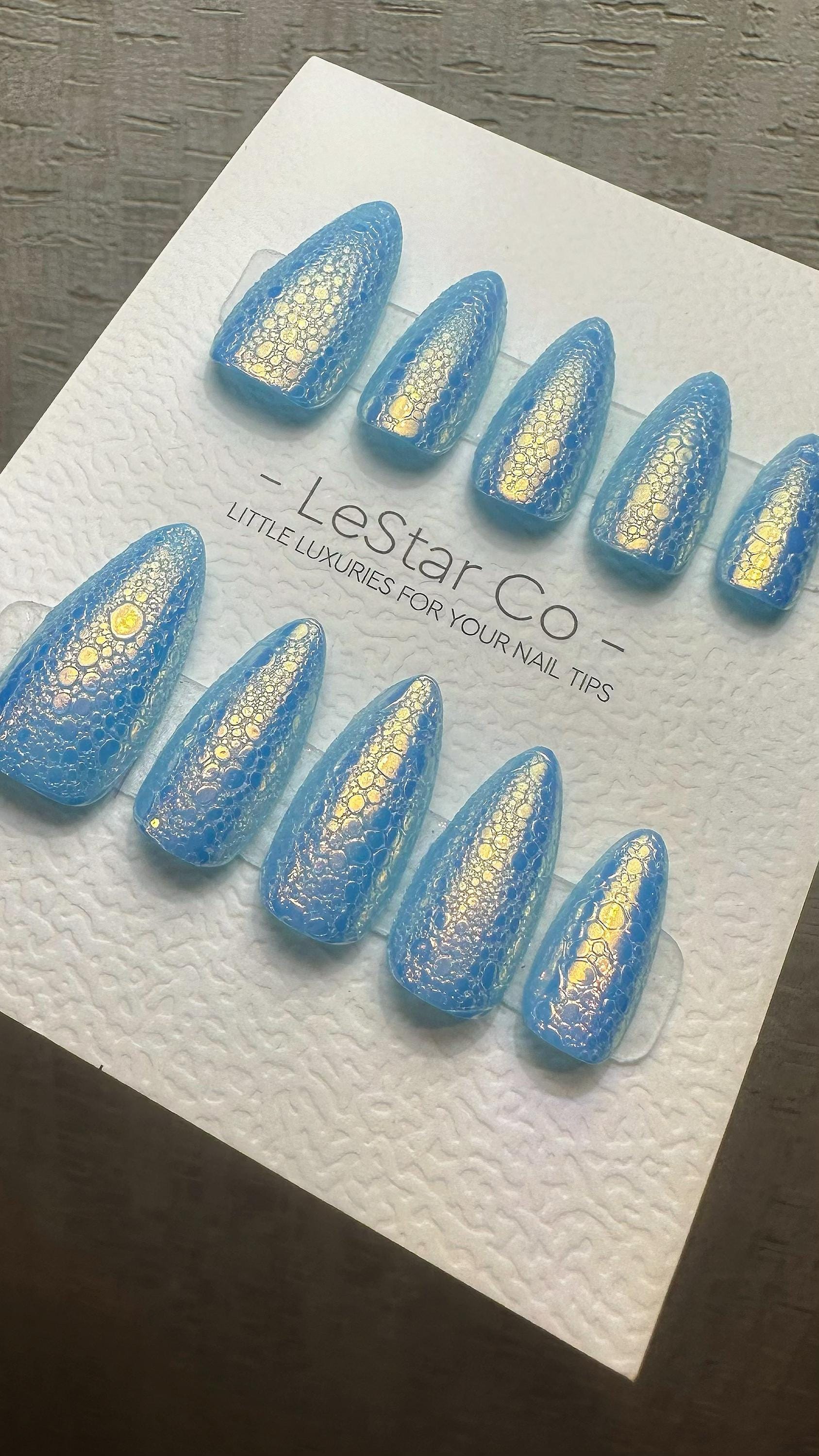 Reusable Blue Lagoon Sparkle | Premium Press on Nails Gel Hand Painted Pressons Customizable Gel Nail Artist fake nails WM990