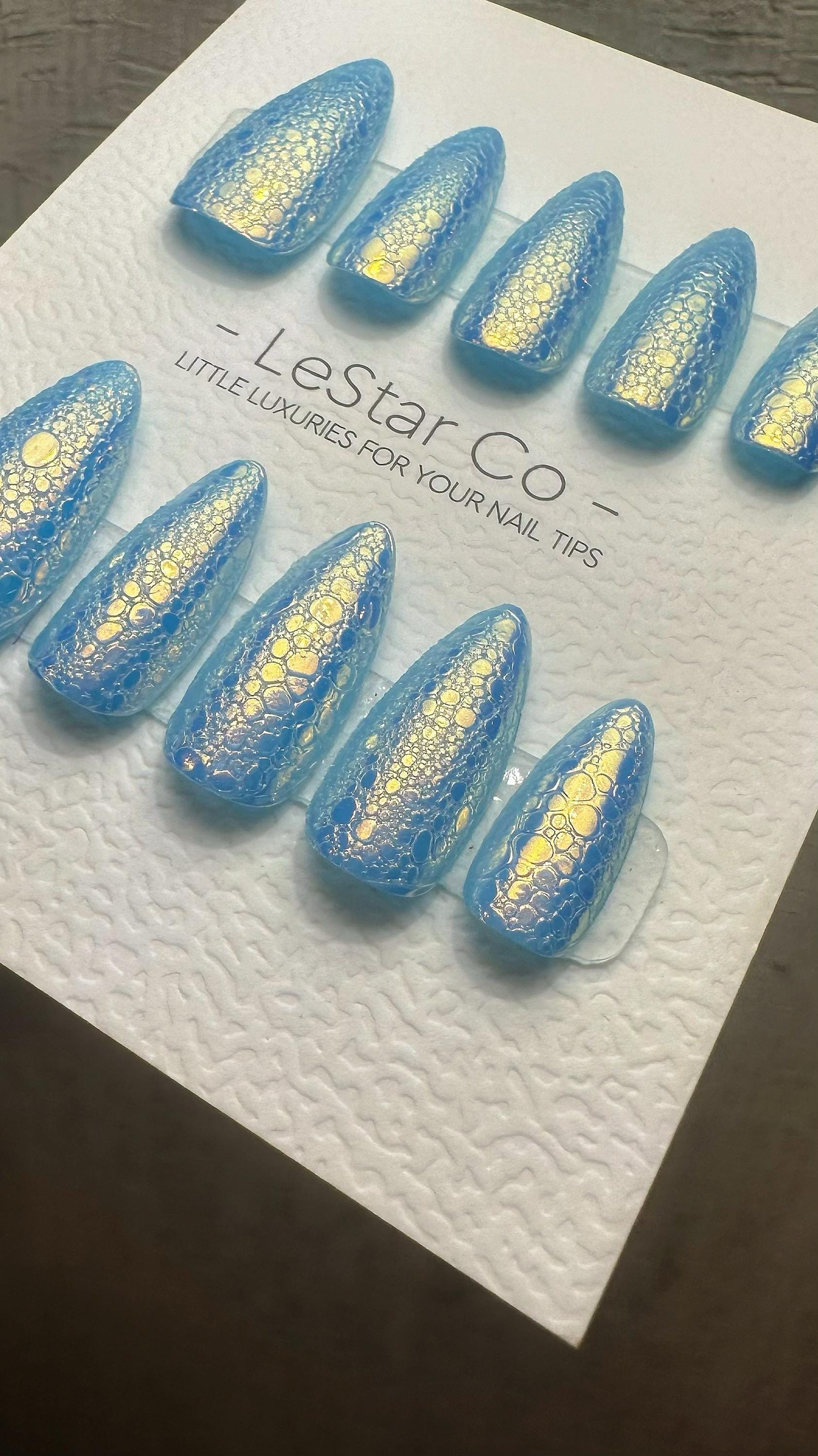 Reusable Blue Lagoon Sparkle | Premium Press on Nails Gel Hand Painted Pressons Customizable Gel Nail Artist fake nails WM990